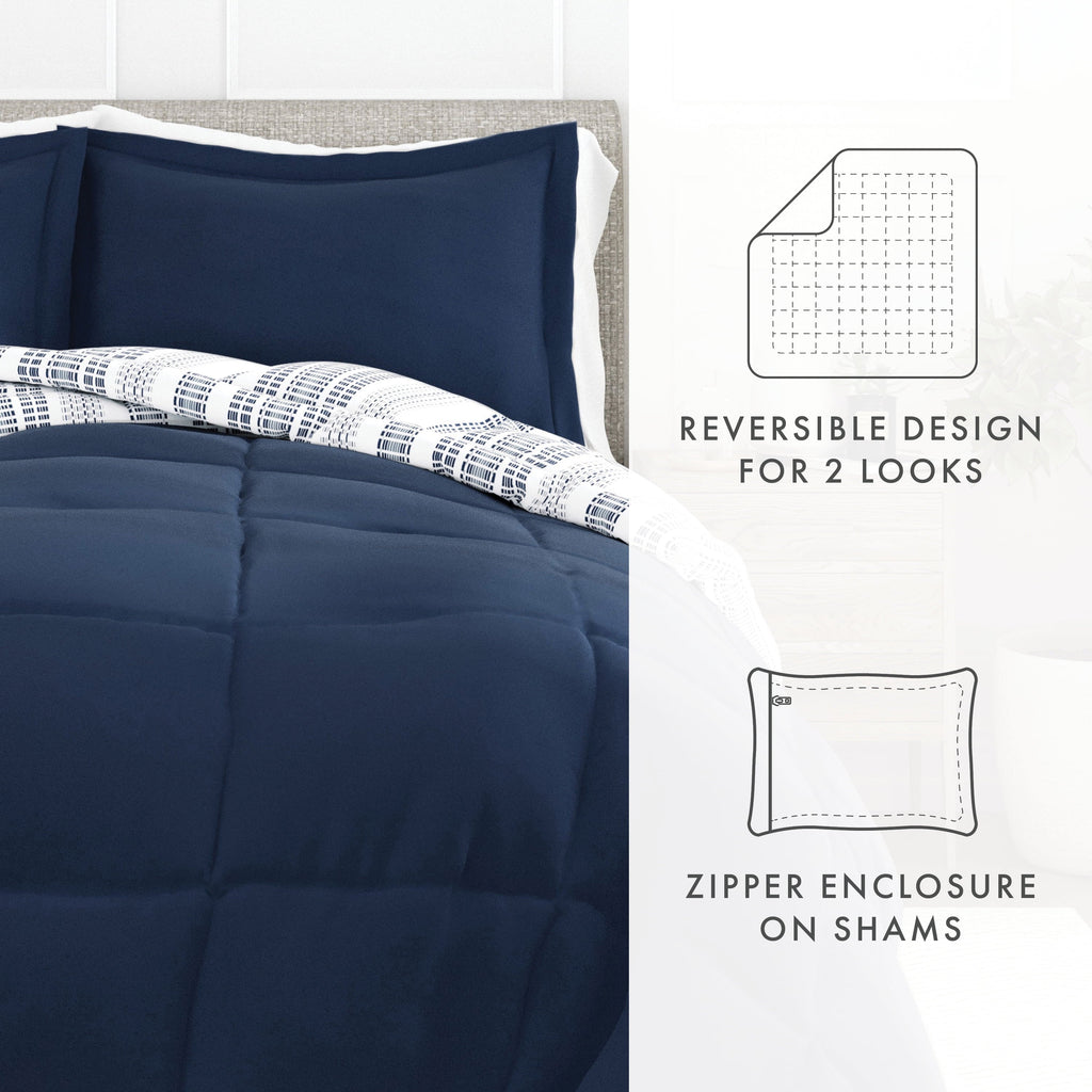 All-Season 2-Piece Navy Farmhouse Dreams ReversiblePrint Comforter Set, Twin/TwinXL - Luxurious Quilted Duvet Cover Set Detail
