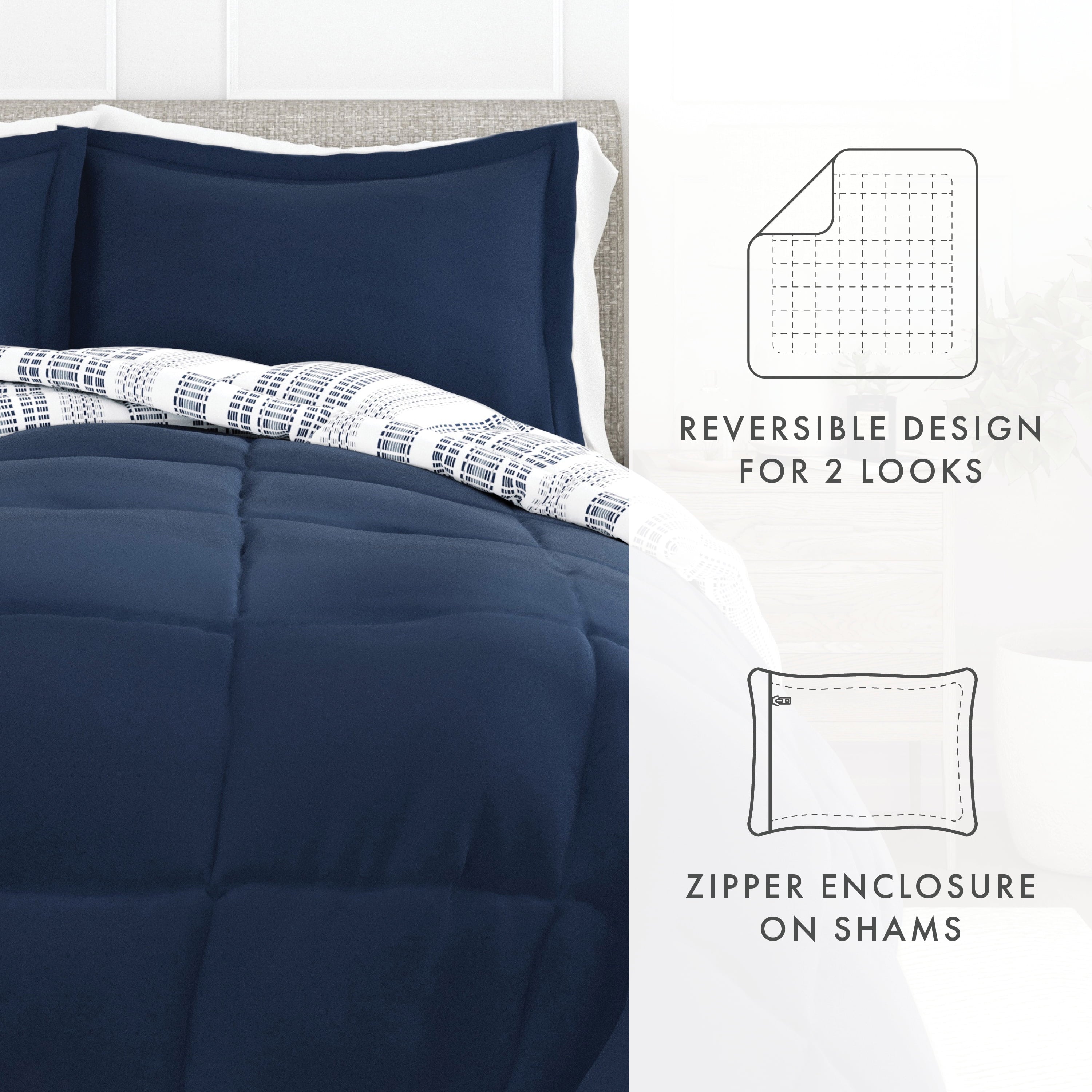 All-Season 2-Piece Navy Farmhouse Dreams ReversiblePrint Comforter Set, Twin/TwinXL - Luxurious Quilted Duvet Cover Set Detail