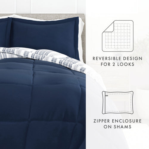 All-Season 2-Piece Navy Farmhouse Dreams ReversiblePrint Comforter Set, Twin/TwinXL - Luxurious Quilted Duvet Cover Set Detail
