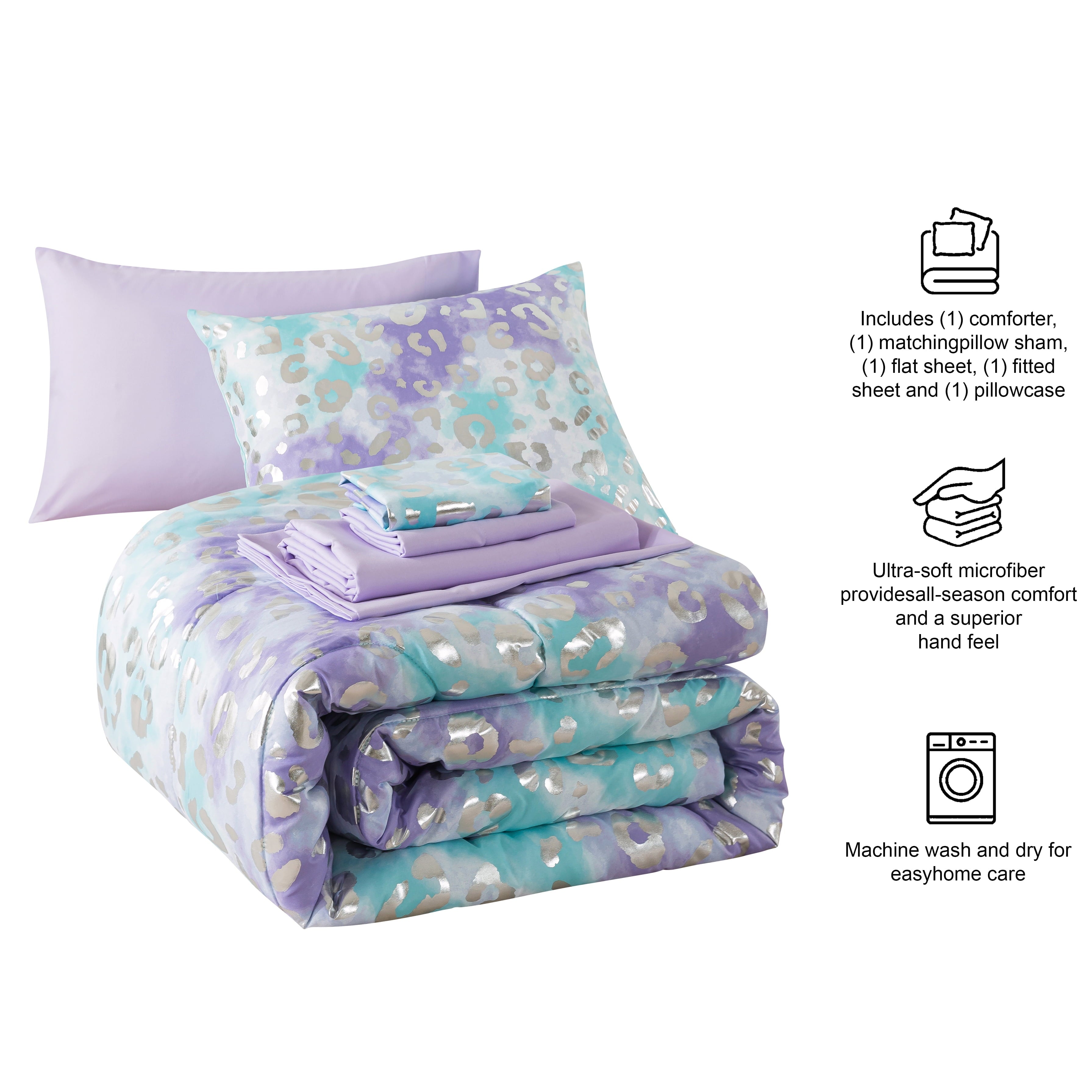 Heavyweight Warmth 5-Piece Purple Metallic Foil Cheetah Bedding Set for Kids with Storage Bag, Twin - Hypoallergenic Ultra-Fluffy Quilt for Winter Detail