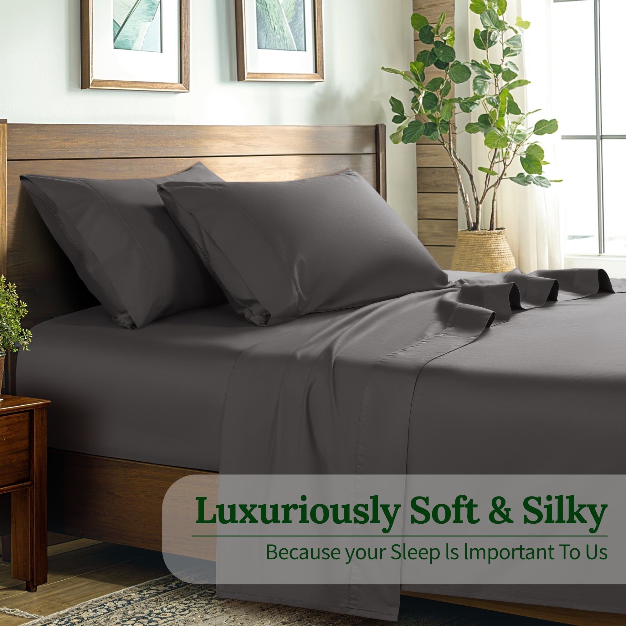 Ultra-Soft 100% Cotton Bed Sheets Set, 1000 Thread Count 4 Piece Luxury Soft Sheets Set with 16" Deep Pocket, Queen, Dark Gray - Luxury Bed Sheet Set with Deep Pockets Detail