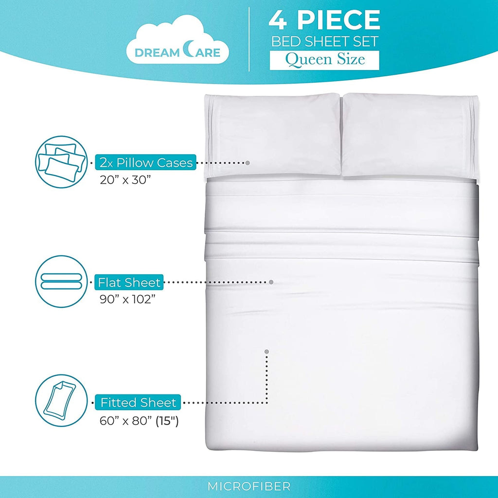 Premium Egyptian Cotton Bed Sheets Set - Queen Size Sheet with Side Pocket - 4pcs Set, 15 inches, White - Breathable Egyptian Cotton Flat & Fitted Sheets Detail