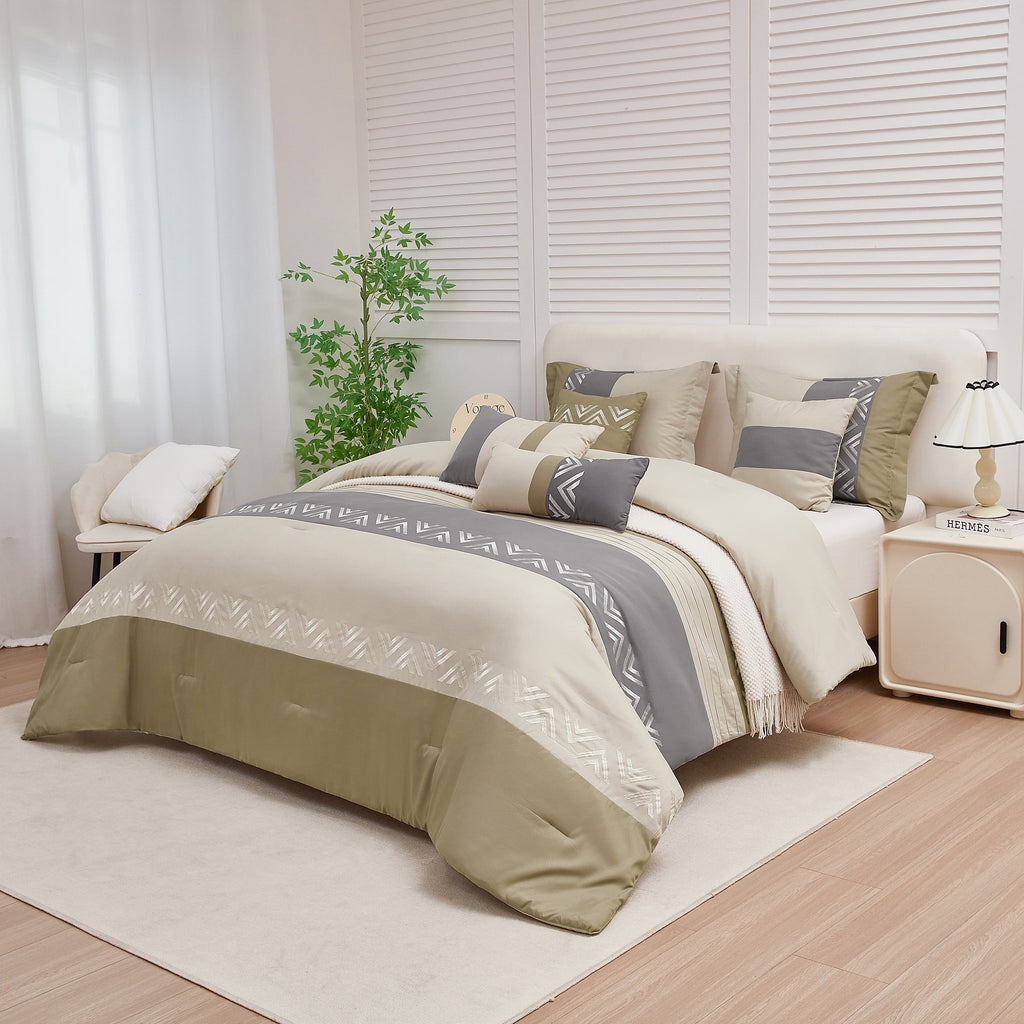 Fluffy Down Alternative 7 Piece Embroidery Design Bed-in-a-Bag, Taupe Queen Size Ultra Soft Comforter Set for Adults - Hypoallergenic Ultra-Fluffy Quilt for Winter Detail