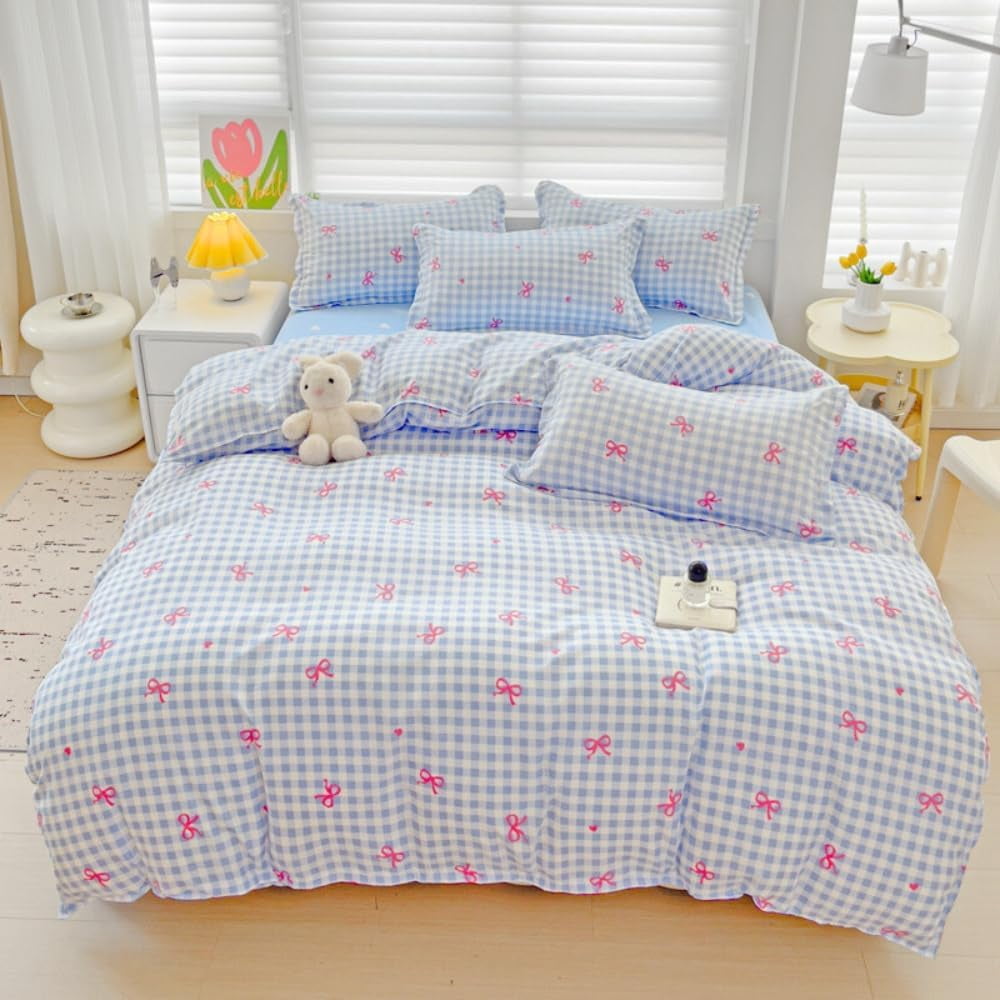 Heavyweight Warmth 3-Piece Blue Plaid Pink Bows Comforter Full Set , Cute Soft Bedding Set for Kids Adults - Cloud-Like Soft Lightweight Bed Comforter Detail