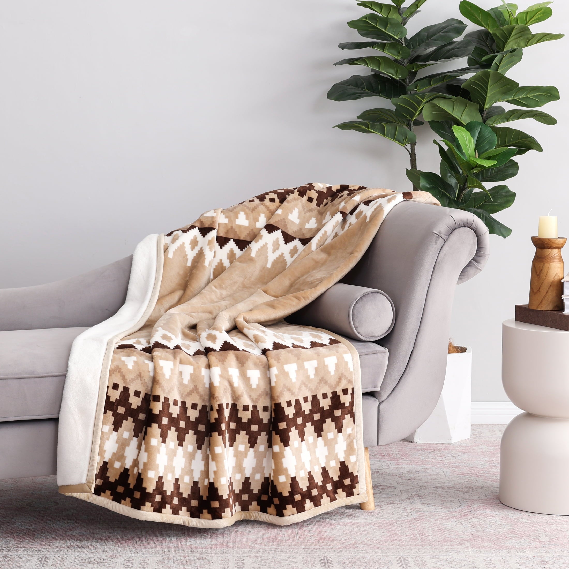 Decorative Knitted Printed Velvet Plush Reverse to Faux Fur Super Soft Throw Blanket, Oversized, Linder Border Beige - Super Soft Reversible Sherpa Flannel Blanket Detail