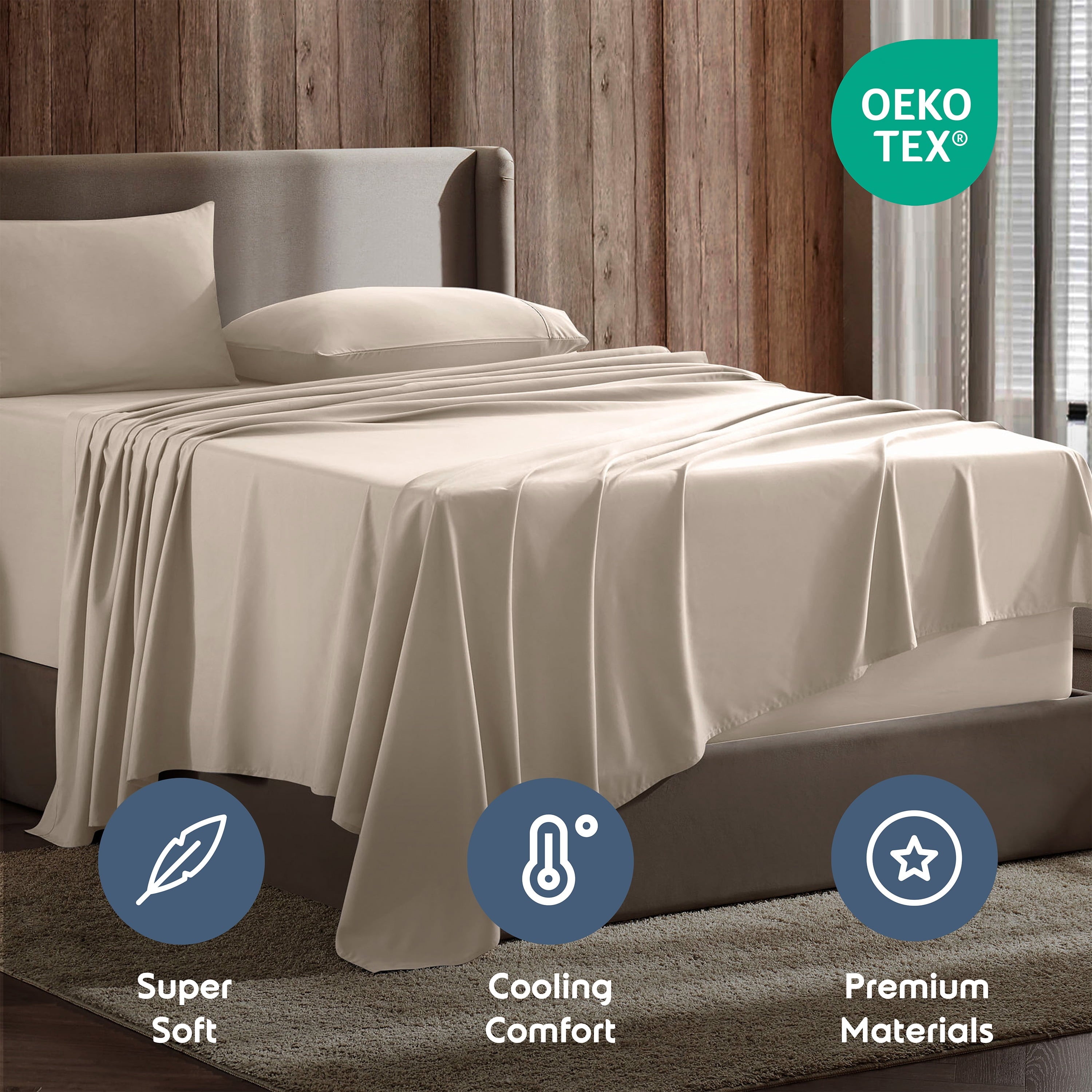 Breathable Luxury King Sheet Sets, 1800 Series Deep Pocket 4 Piece, Luxury Soft Microfiber Bed Sheet Sets, BEIGE CREAM - Cooling Hotel Quality Bedding Sheets and Pillowcases Detail
