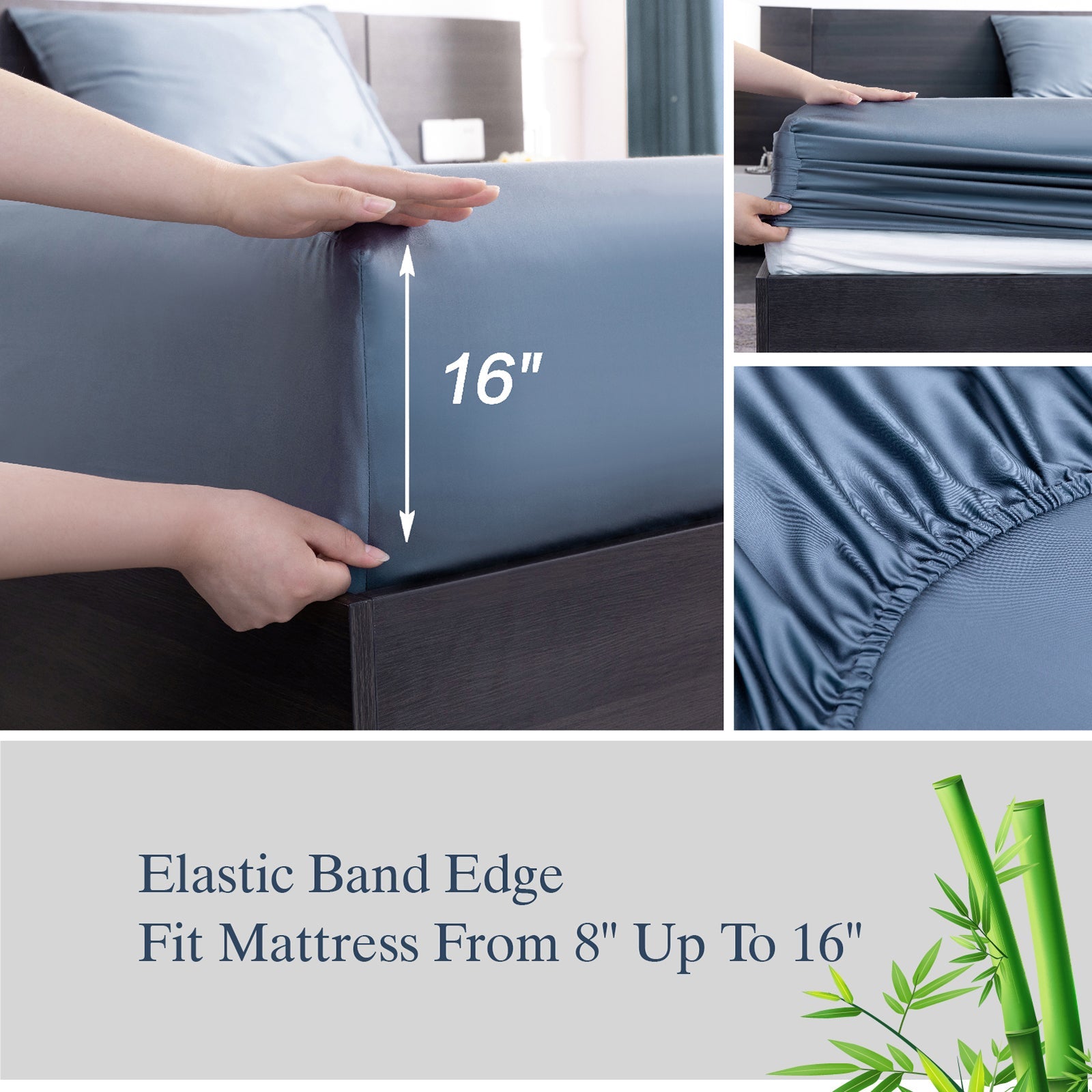 Cooling Sateen Luxury Bamboo Bed Sheets Set Full 4 Pcs for Adult,Soft&Cool,16" Deep Pocket,Blue Gray - Premium Ultra-Soft Pillowcase Pair for Sleeping Detail