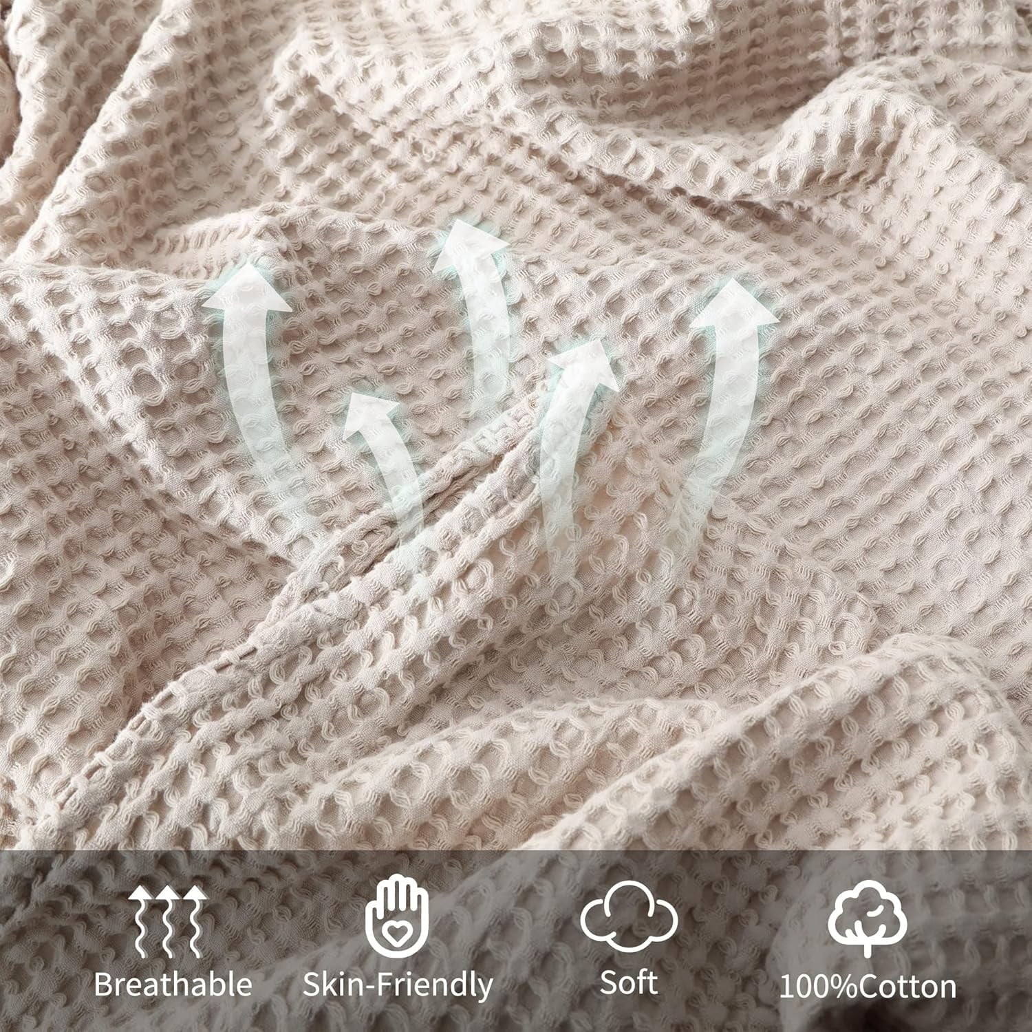 Lightweight Warm 100% Cotton Waffle Bed Blanket King Size, Throw Blanket for Couch All Seasons (Beige, 104x90) - Super Soft Reversible Sherpa Flannel Blanket Detail