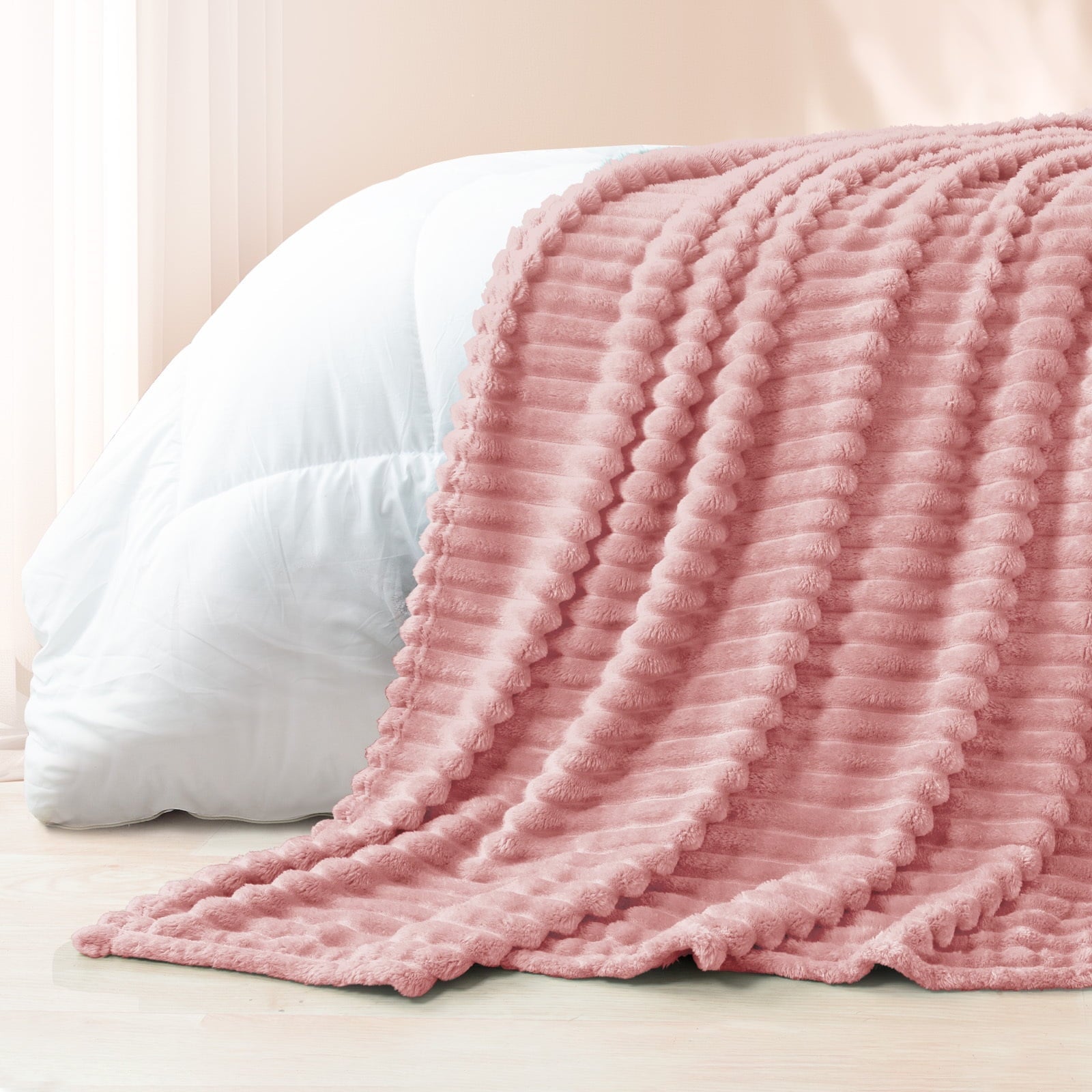 Decorative Knitted Fleece Throw Blanket for Couch, Super Soft 3D Striped Jacquard Blanket, Lightweight Fuzzy Cozy Blankets, Pink, 50"x60" - Lightweight Plush Warm Blanket for All Seasons Detail