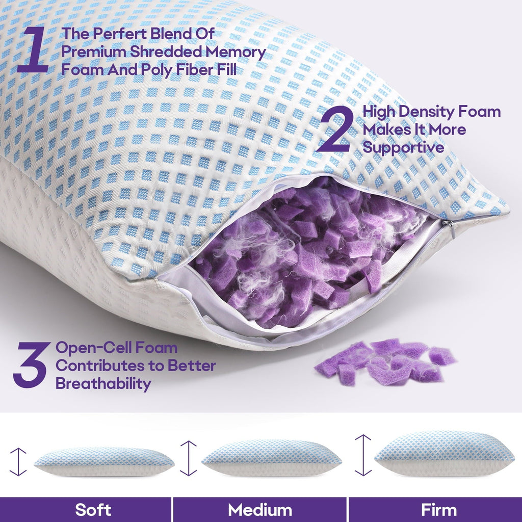 Orthopedic Support Cooling Pillows for Bed Sleeping Shredded Memory Foam Pillows Queen Size Set of 2 Pack 20 x 30 inches - Hotel Quality Plush Sleeping Pillows Detail