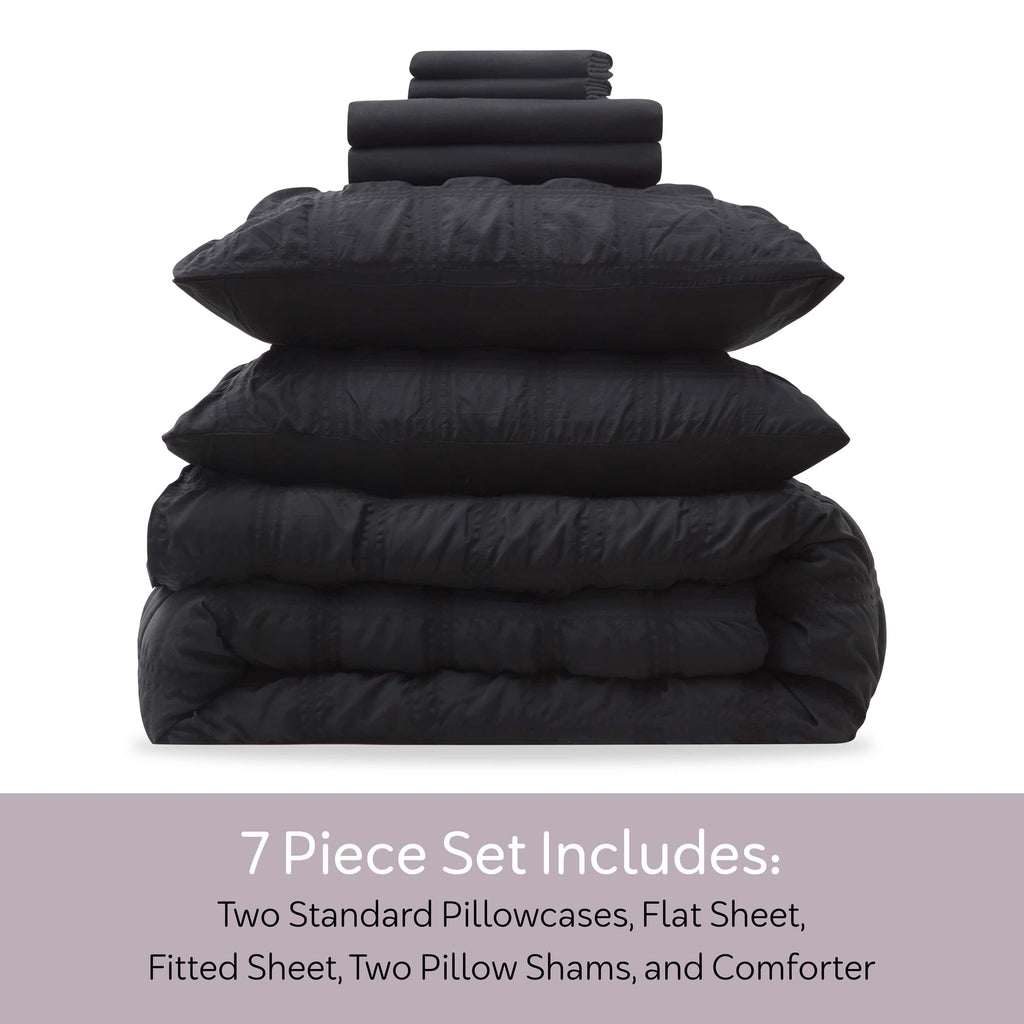 Hypoallergenic Cloud Queen Comforter Set, Seersucker Queen Size Comforter Set, 7-Pc All Season Bedding Comforter Set, Black - Hypoallergenic Ultra-Fluffy Quilt for Winter Detail