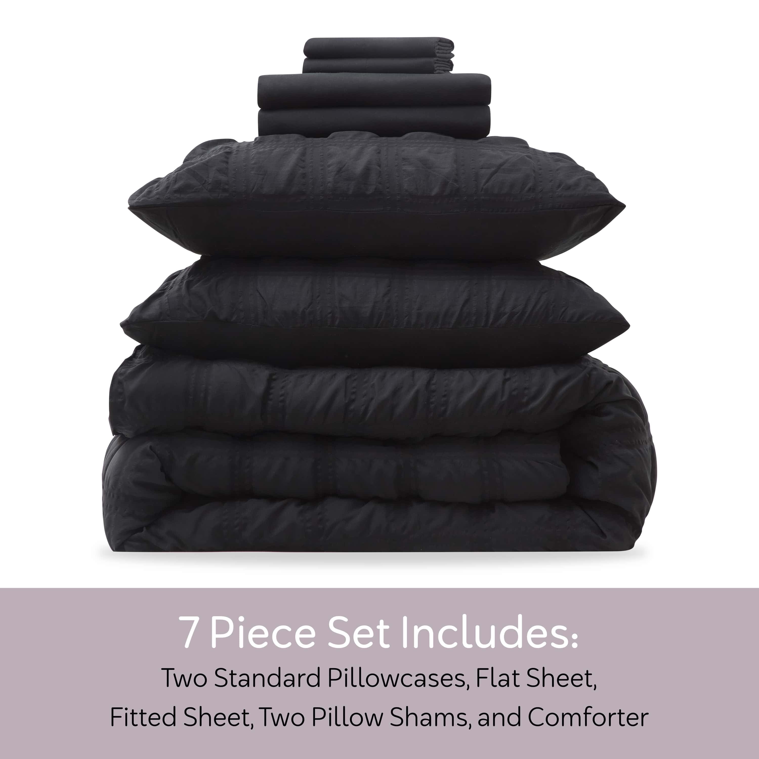 Hypoallergenic Cloud Queen Comforter Set, Seersucker Queen Size Comforter Set, 7-Pc All Season Bedding Comforter Set, Black - Hypoallergenic Ultra-Fluffy Quilt for Winter Detail