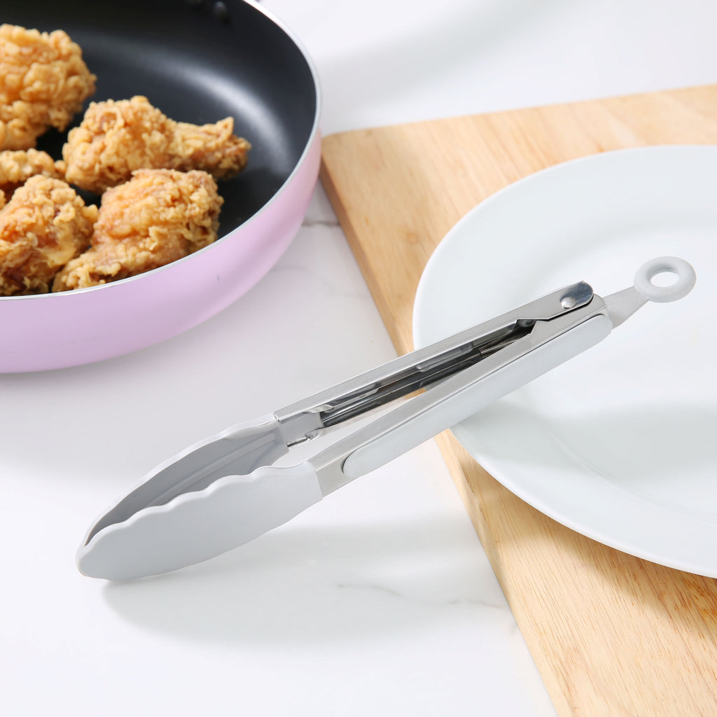 Professional Grade 9" Stainless Steel and Silicone Locking Tongs, Soft Grip Handle, Grey Flannel - High-Precision Culinary Tool for Baking & Cooking Detail