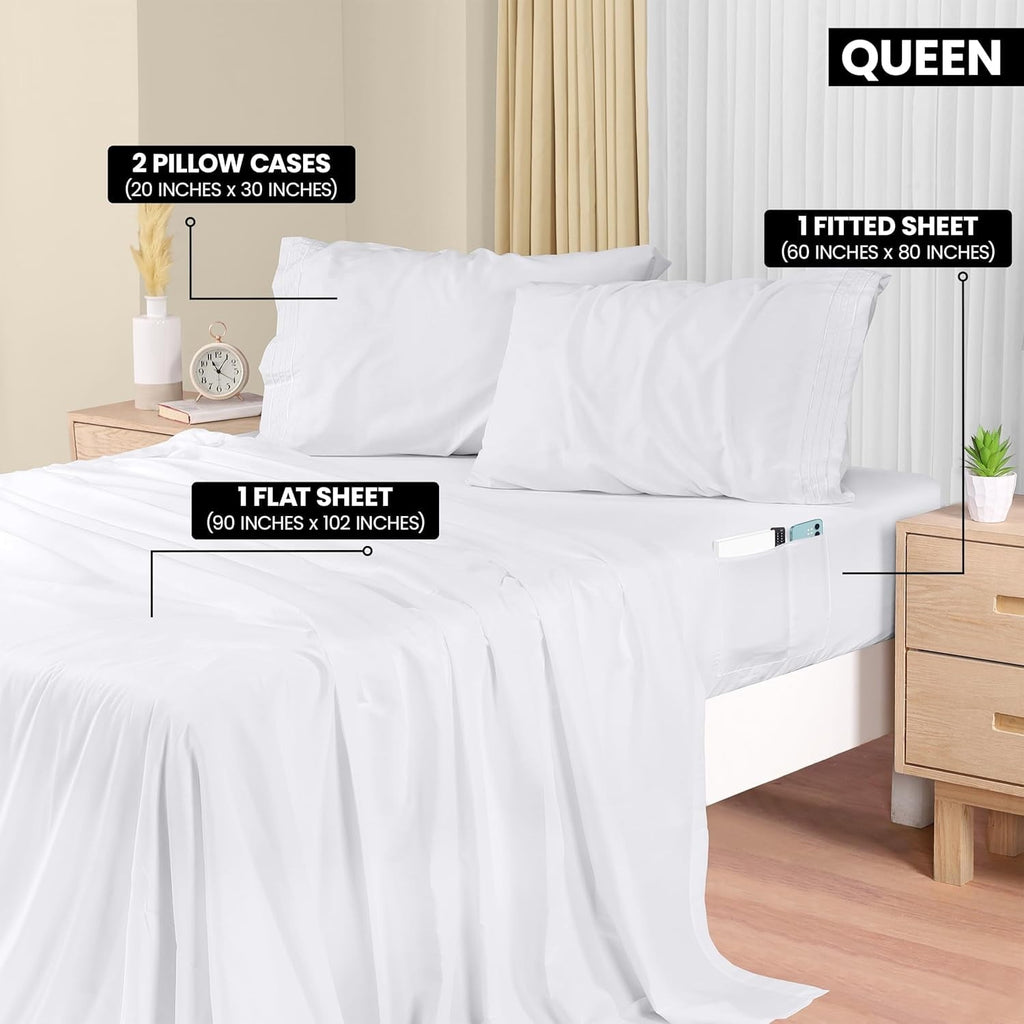 Premium Egyptian Cotton Set, Soft Microfiber 4 Piece Hotel Luxury Bed s with Deep Pockets, Embroidered Pillow Cases, Side Storage Pocket Fitt... - Breathable Egyptian Cotton Flat & Fitted Sheets Detail
