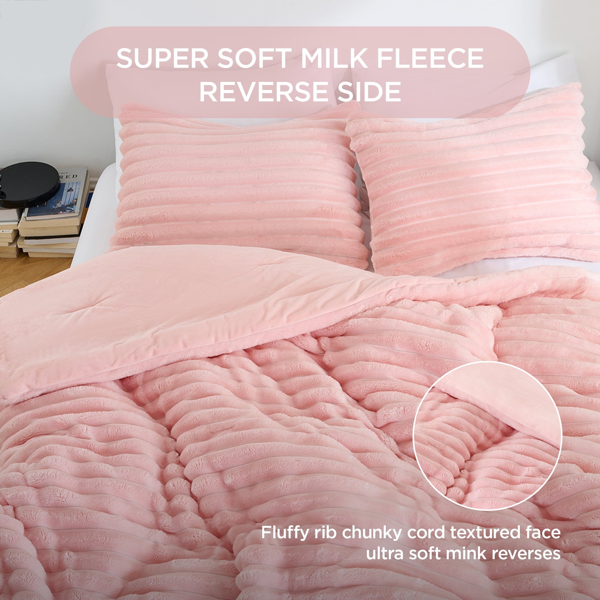Hypoallergenic Cloud Full/Queen Size Comforter Set, Fluffy Ribbed Plush Comforter Set, 3-Piece Bedding Set, Pink - Cloud-Like Soft Lightweight Bed Comforter Detail