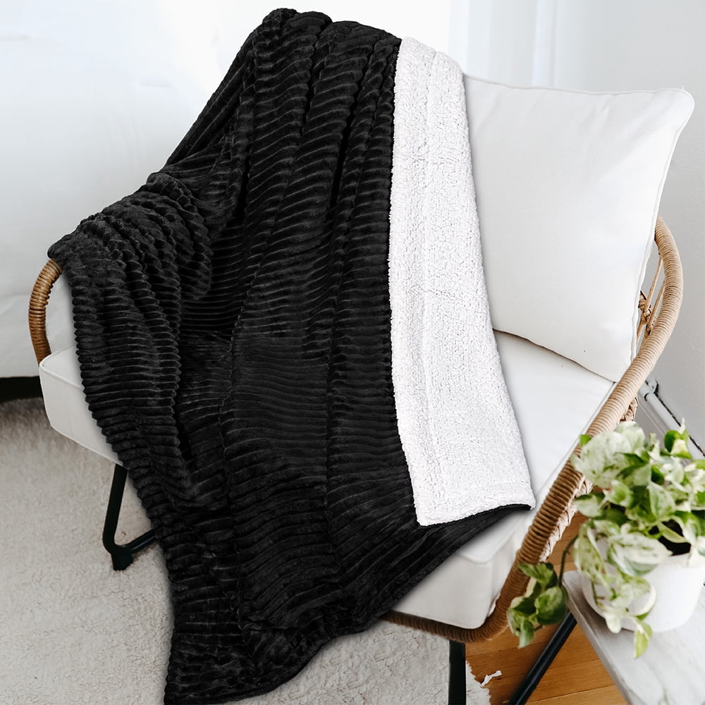 Super Soft Flannel Reversible Sherpa Fleece Throw Blanket Black, Plush Flannel Throw, Ultra Soft Warm Ribbed Microfiber Blanket for Sofa... - Lightweight Plush Warm Blanket for All Seasons Detail