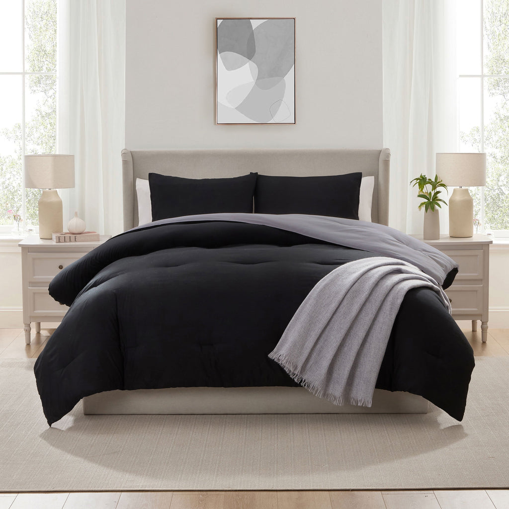 Fluffy Down Alternative Comforter Sets, All Season Lightweight Reversible Queen Comforter Set, 3-Pc Bedding Sets, Black/Charcoal gray - Hypoallergenic Ultra-Fluffy Quilt for Winter Detail