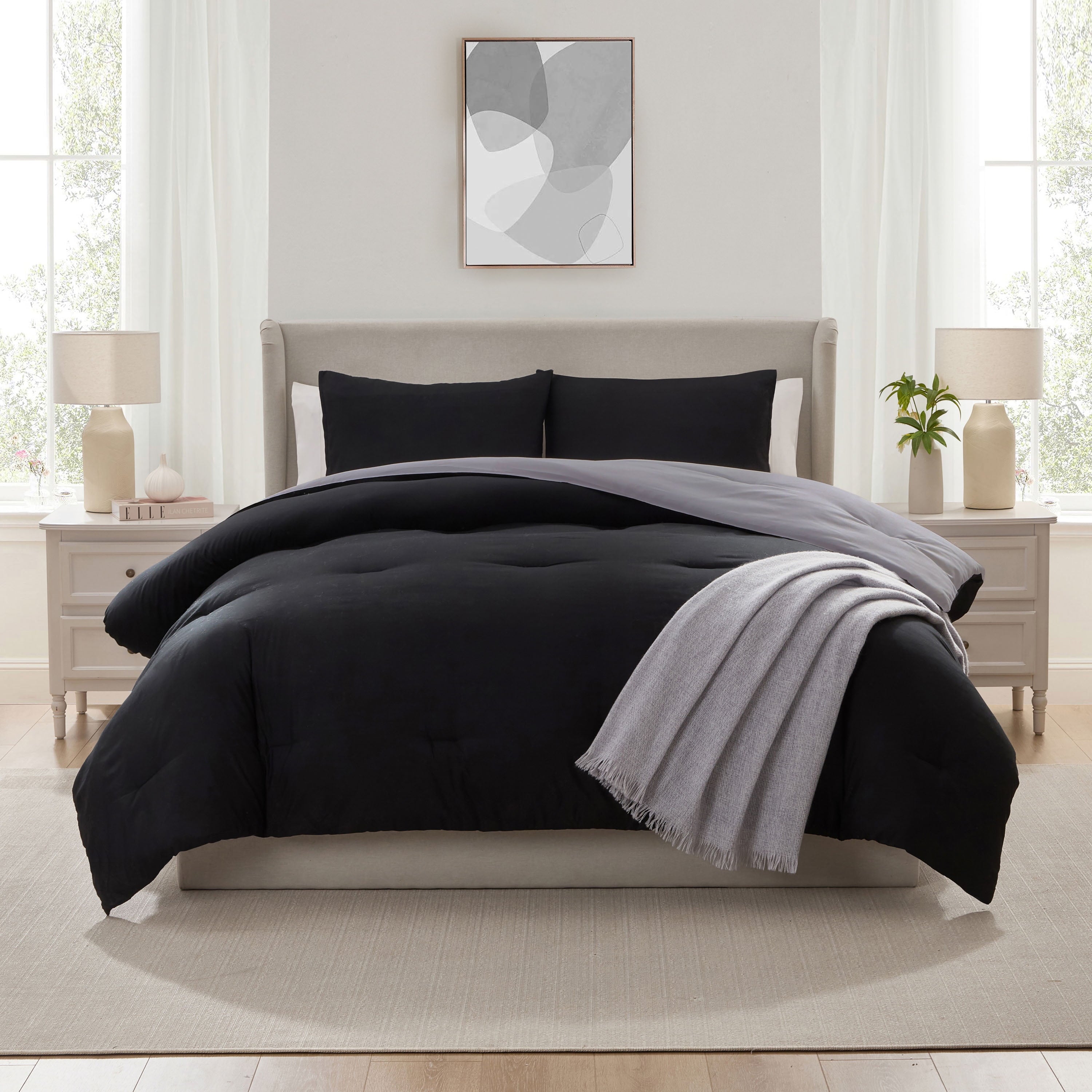 Fluffy Down Alternative Comforter Sets, All Season Lightweight Reversible Queen Comforter Set, 3-Pc Bedding Sets, Black/Charcoal gray - Hypoallergenic Ultra-Fluffy Quilt for Winter Detail
