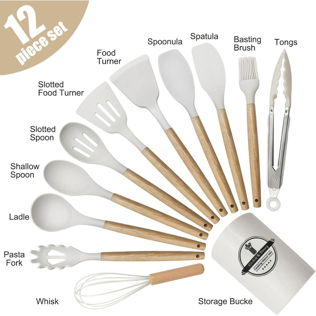 Seamless One-Piece Cooking Utensils Set, 12 packs Non-Stick Silicone Cooking Kitchen Utensils Spatula Set with Wooden Handles and... - Premium Stainless Steel Cooking Utensil for Non-Stick Pots Detail