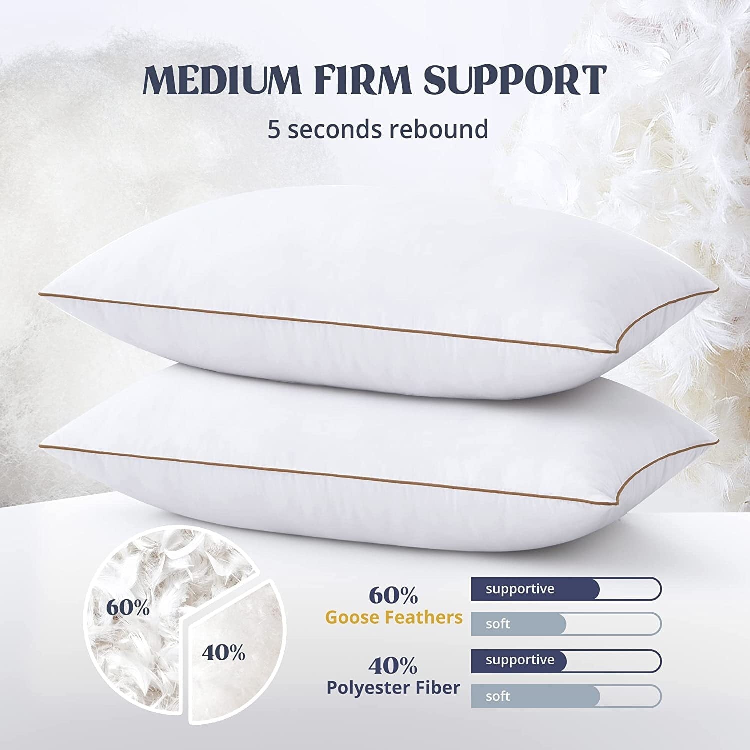 Fluffy Shredded Down Feather Pillows for Bed 20 x 30 Inches Queen Size Set of 2, Medium Firm Luxury Cooling Hotel Collection Feather ... - Decorative Throw Pillow Cushion for Sofa & Bed Detail