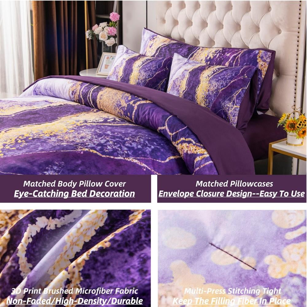 Fluffy Down Alternative 6 Pieces Queen Size Comforter Set Purple,Watercolor Marble Colorful Purple Bedding,Ultra Soft Purple Bed Set with Com... - Hypoallergenic Ultra-Fluffy Quilt for Winter Detail