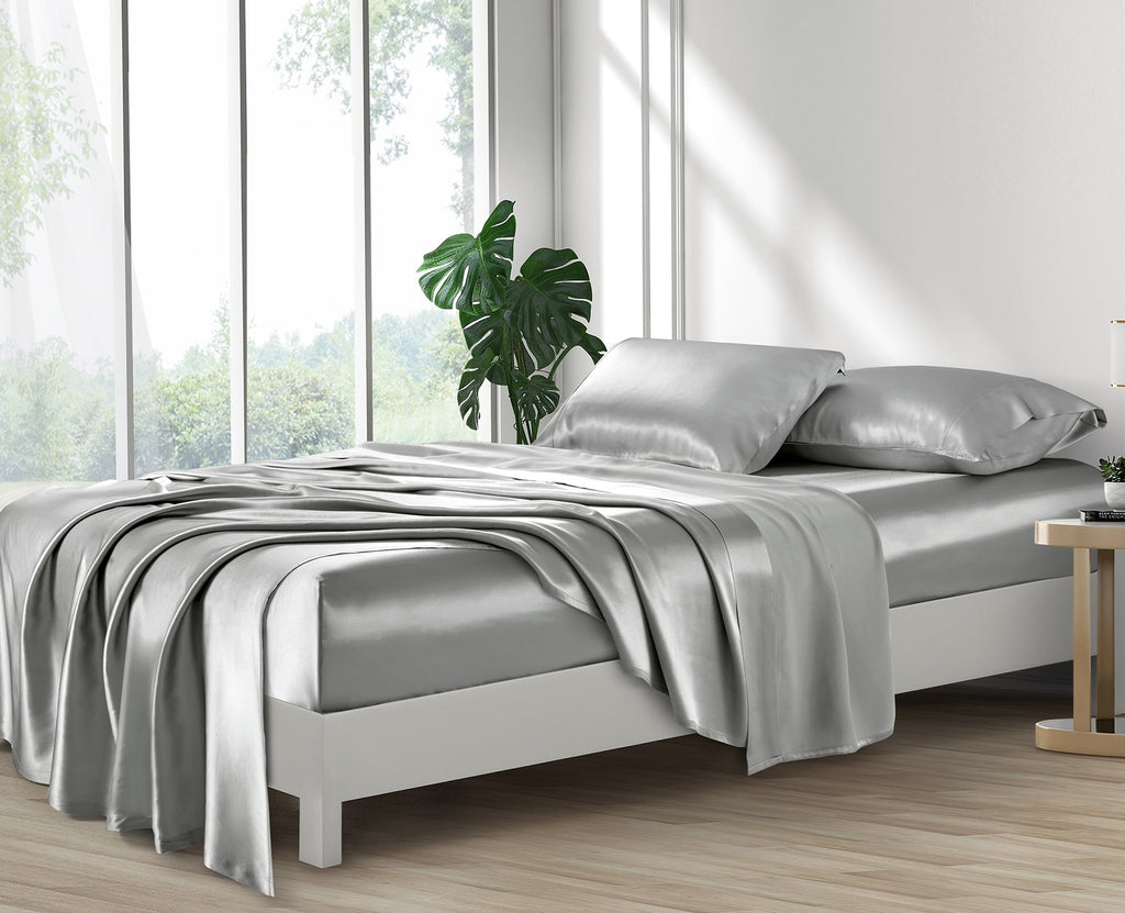 Breathable Luxury Luxury Satin Sheets Set Full Size Light Gray, 4-Piece Bedding Sets with Deep Pockets - Soft and Smooth Satin Bed Shee... - Premium Ultra-Soft Pillowcase Pair for Sleeping Detail