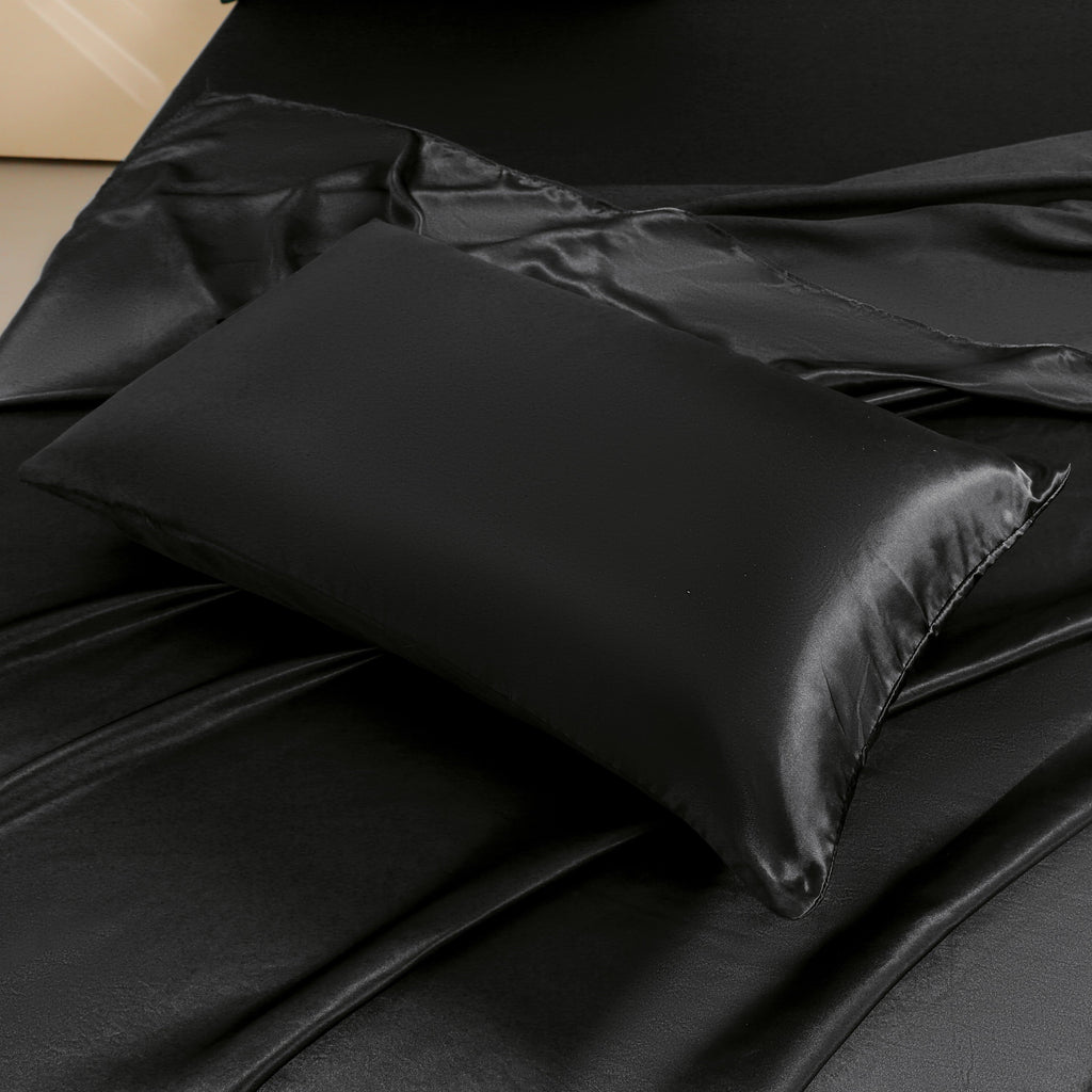 Premium Egyptian Cotton 4Pcs Black Satin Sheets Queen Set Silk Sheets 13" Deep Pocket Ultra Soft silky Bed Sheet Set - Cooling Hotel Quality Bedding Sheets and Pillowcases Detail