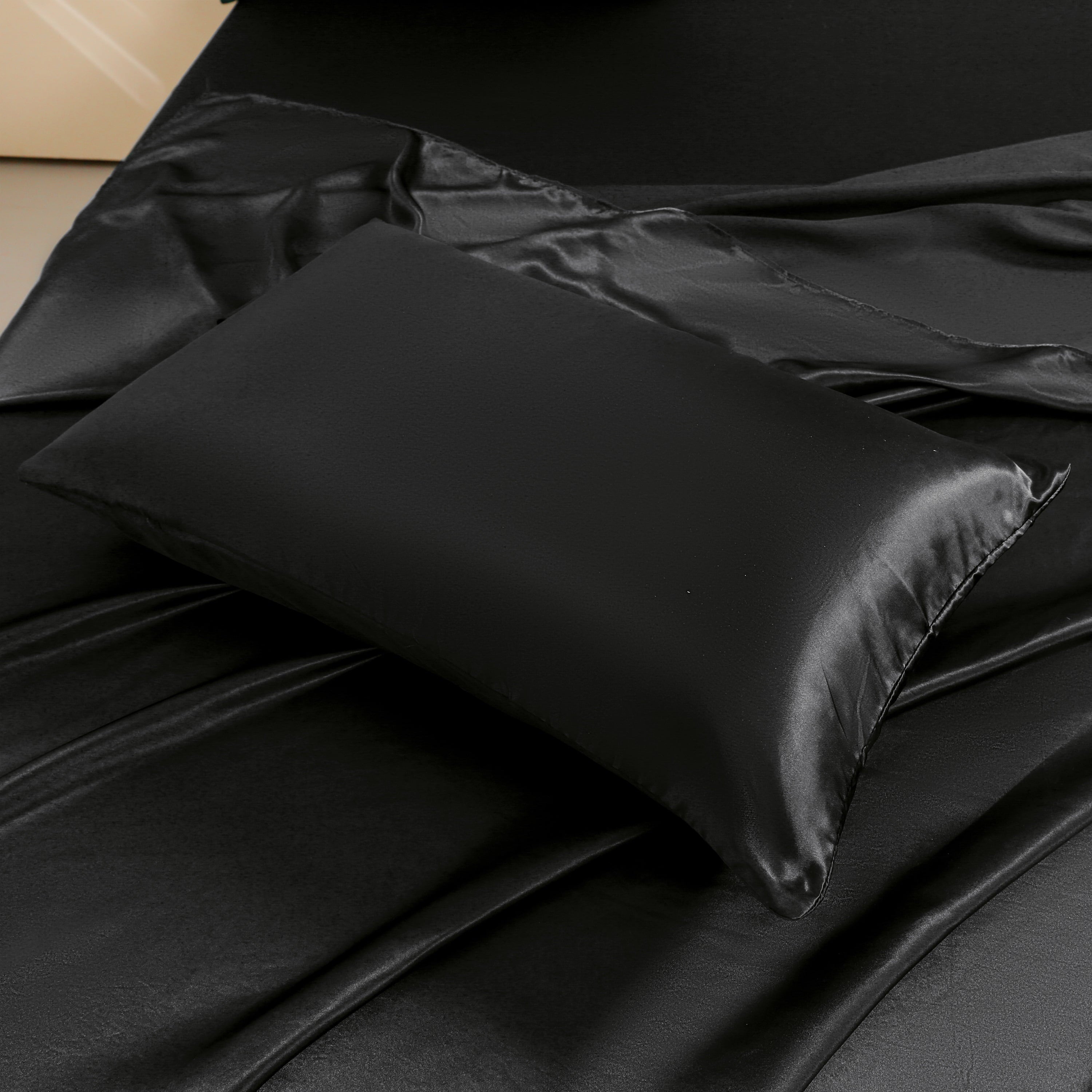 Premium Egyptian Cotton 4Pcs Black Satin Sheets Queen Set Silk Sheets 13" Deep Pocket Ultra Soft silky Bed Sheet Set - Cooling Hotel Quality Bedding Sheets and Pillowcases Detail