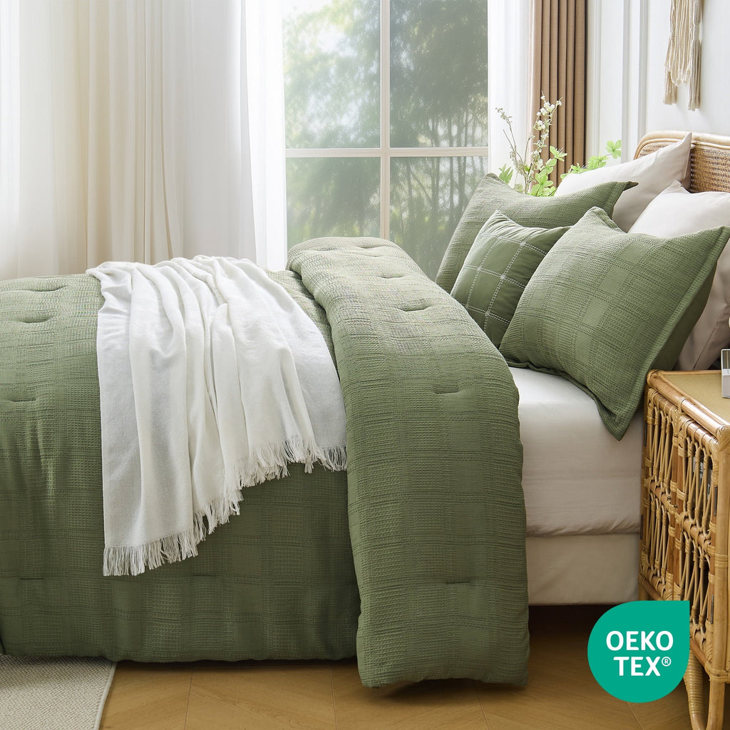 Hypoallergenic Cloud Waffle Weave Comforter Set Full/Queen Size, Lightweight & Breathable Comforter Bet Set for All Season, 3-Piece Textur... - All-Season Down Alternative Comforter Insert Detail