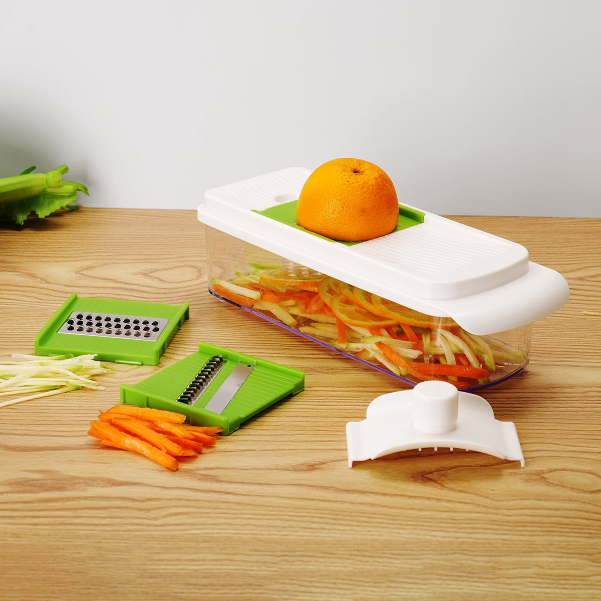 Innovative 11 Pieces Multi-Function Nice Dicer and Mandoline, Stainless Steel, Green Glaze, 820g - Premium Stainless Steel Garlic Presser & Peeler Detail