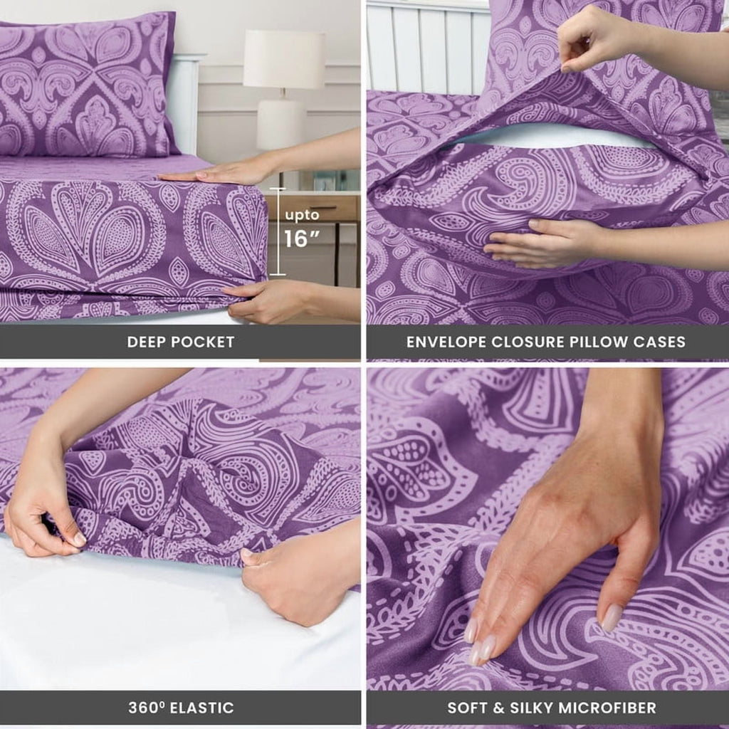 Wrinkle-Resistant Paisley Printed Queen Bed Sheets Set, Microfiber 6 Piece Bedding Set - Purple - Luxury Bed Sheet Set with Deep Pockets Detail