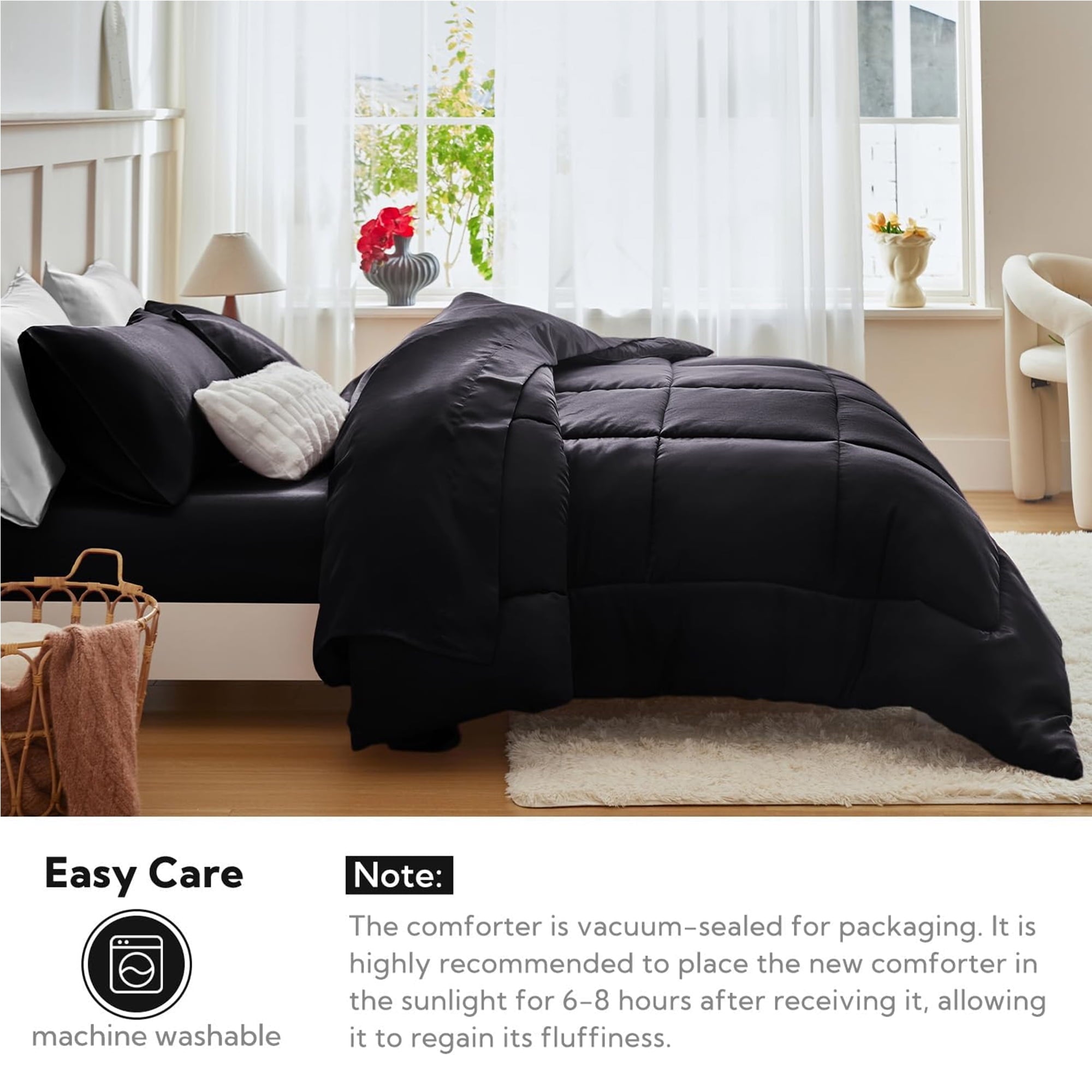 Fluffy Down Alternative Reversible Satin Microfiber Comforter 3 Pieces Queen Size, Black Queen Comforter Set for All Seasons, Silky Soft Sati... - Cloud-Like Soft Lightweight Bed Comforter Detail