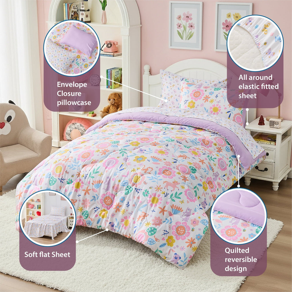 All-Season Floral Comforter Set, Soft Microfiber Flower Bedding Set, 5 Pieces with Comforter, Sheets and Pillowcases, Twin - Cloud-Like Soft Lightweight Bed Comforter Detail