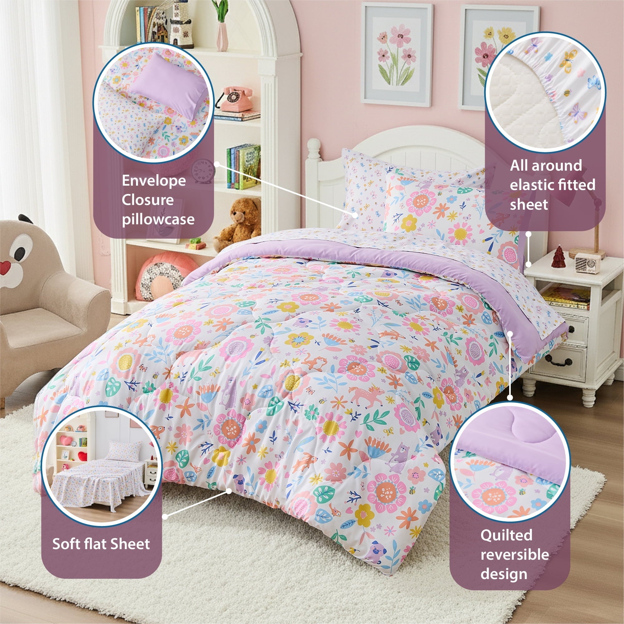 All-Season Floral Comforter Set, Soft Microfiber Flower Bedding Set, 5 Pieces with Comforter, Sheets and Pillowcases, Twin - Cloud-Like Soft Lightweight Bed Comforter Detail