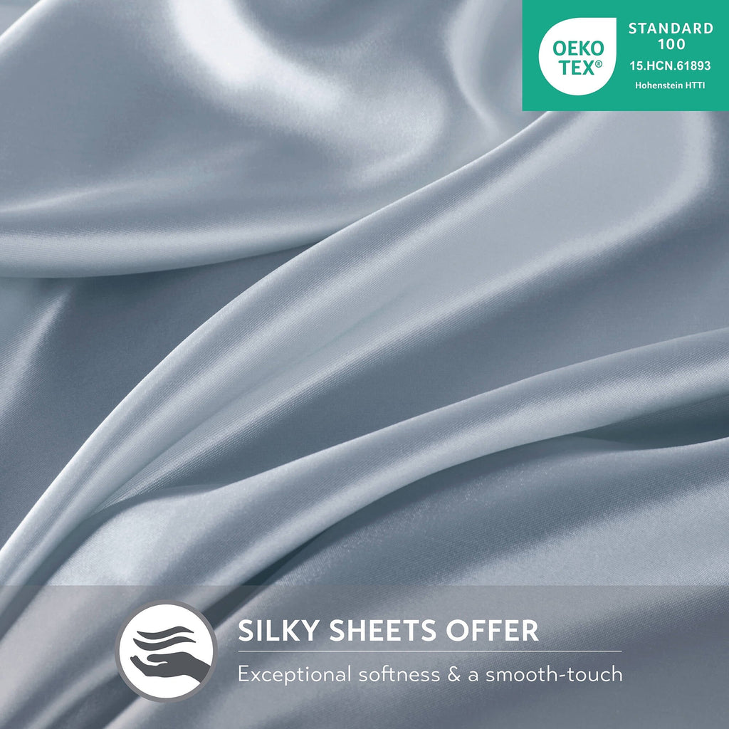 Breathable Luxury Satin Sheet Set, Twin Bed Sheets with Pillowcases, 4-Piece Luxury Silky Sheet Set, Blue, Gifts for Women - Luxury Bed Sheet Set with Deep Pockets Detail