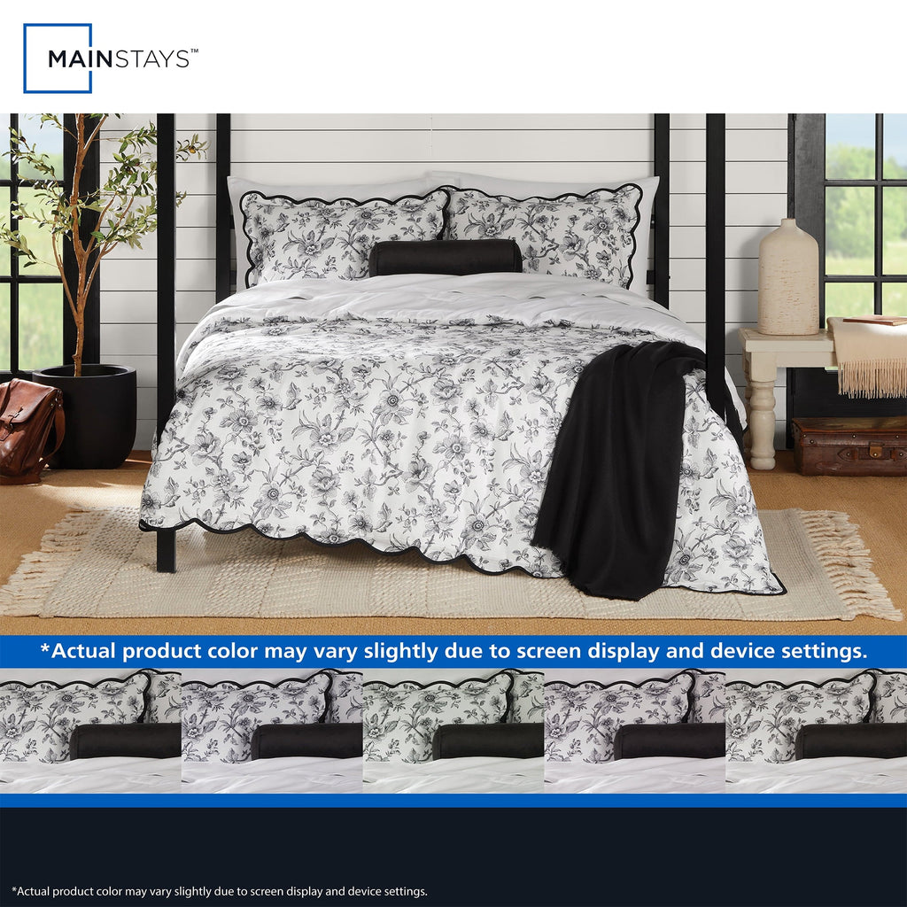 Hypoallergenic Cloud Floral Scallop 4-Piece White/Black Comforter Set, Twin/Twin XL - All-Season Down Alternative Comforter Insert Detail