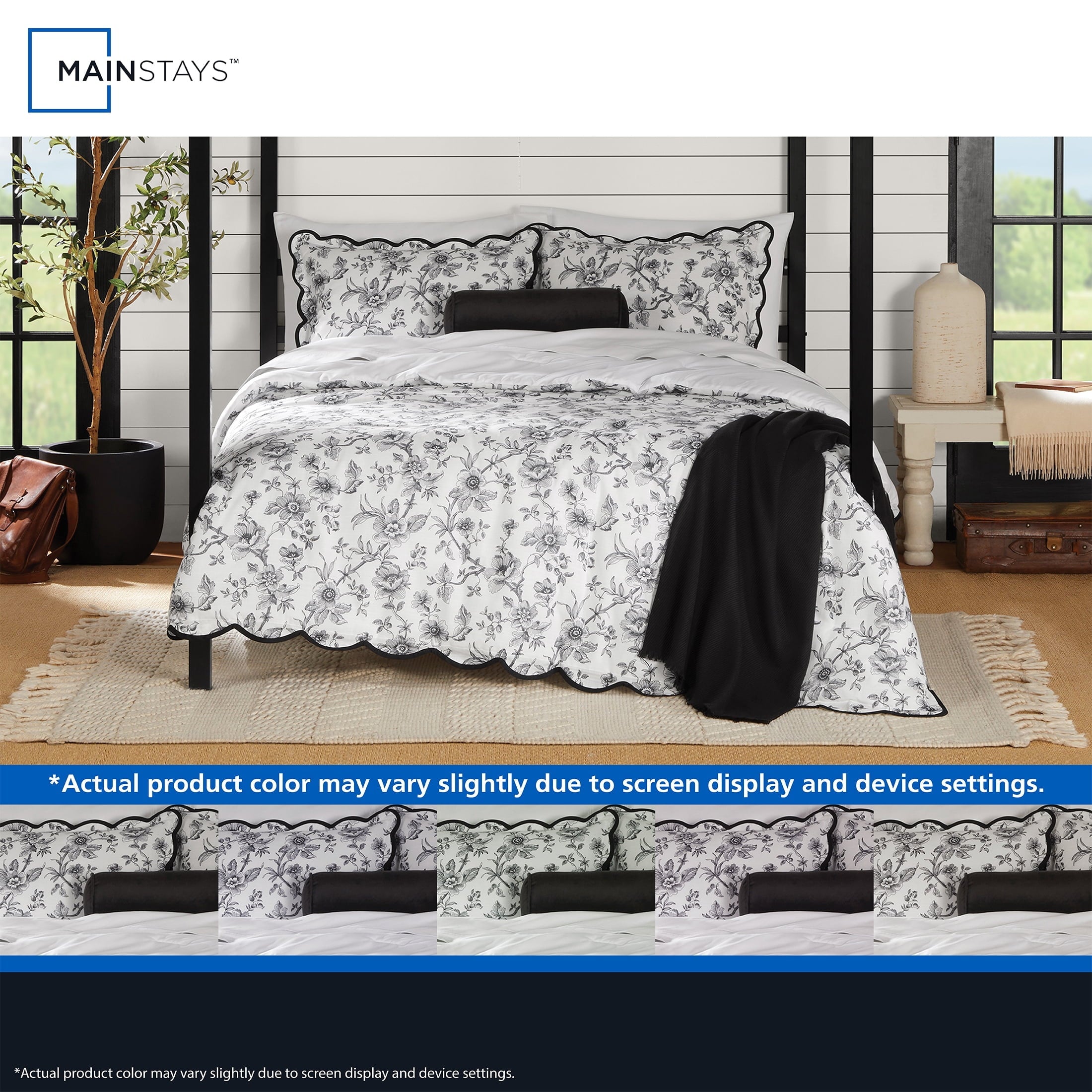 Hypoallergenic Cloud Floral Scallop 4-Piece White/Black Comforter Set, Twin/Twin XL - All-Season Down Alternative Comforter Insert Detail