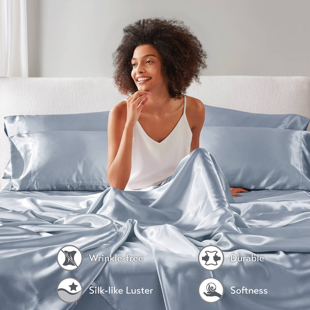 Breathable Luxury Satin Sheet Set, Twin Bed Sheets with Pillowcases, 4-Piece Luxury Silky Sheet Set, Blue, Gifts for Women - Luxury Bed Sheet Set with Deep Pockets Detail