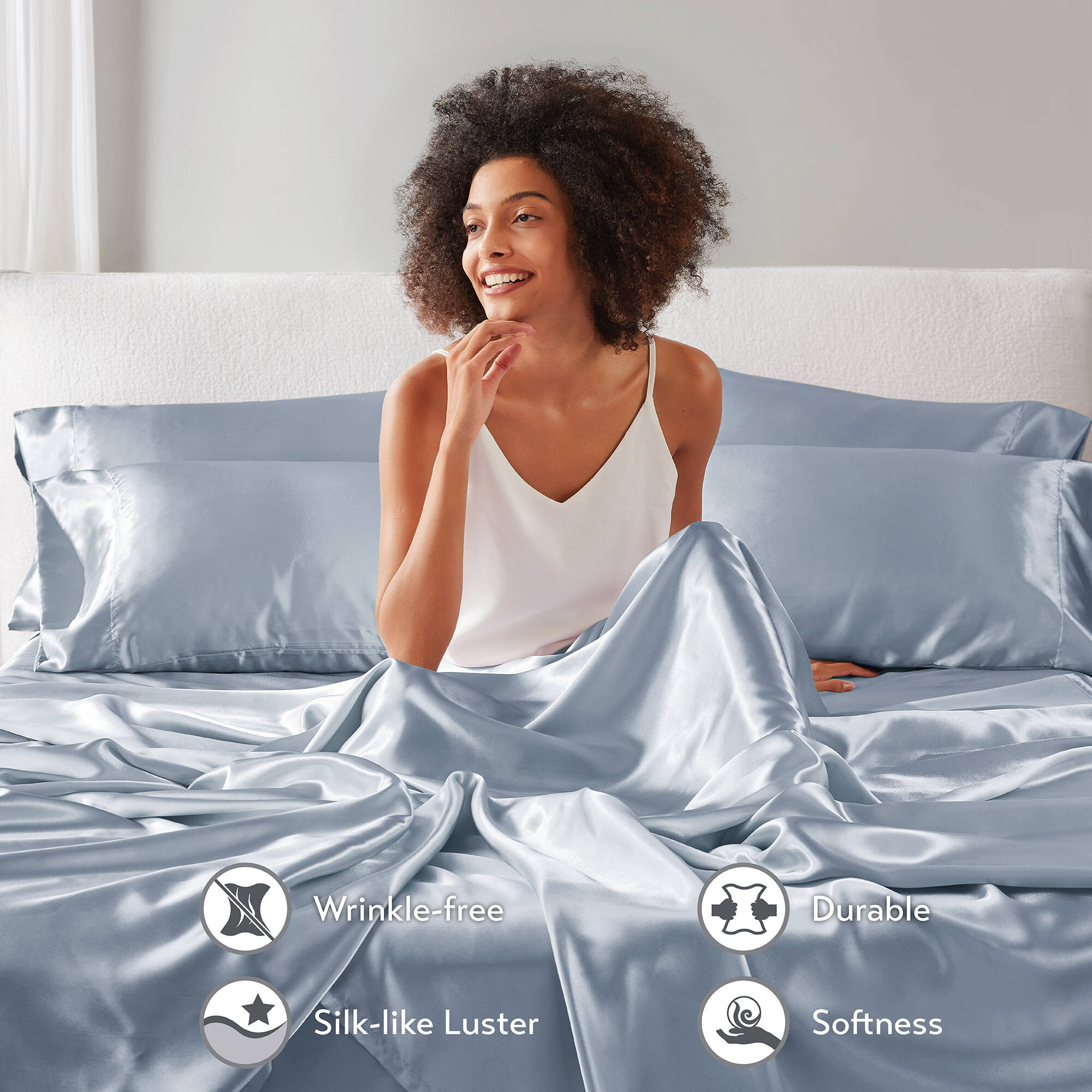 Breathable Luxury Satin Sheet Set, Twin Bed Sheets with Pillowcases, 4-Piece Luxury Silky Sheet Set, Blue, Gifts for Women - Luxury Bed Sheet Set with Deep Pockets Detail