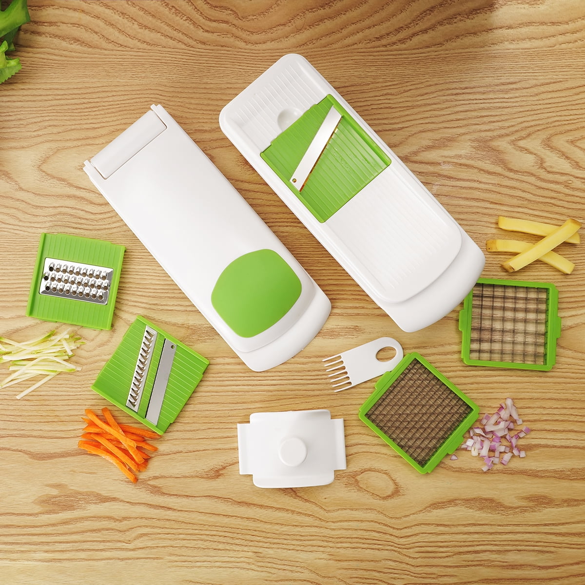 Innovative 11 Pieces Multi-Function Nice Dicer and Mandoline, Stainless Steel, Green Glaze, 820g - Premium Stainless Steel Garlic Presser & Peeler Detail
