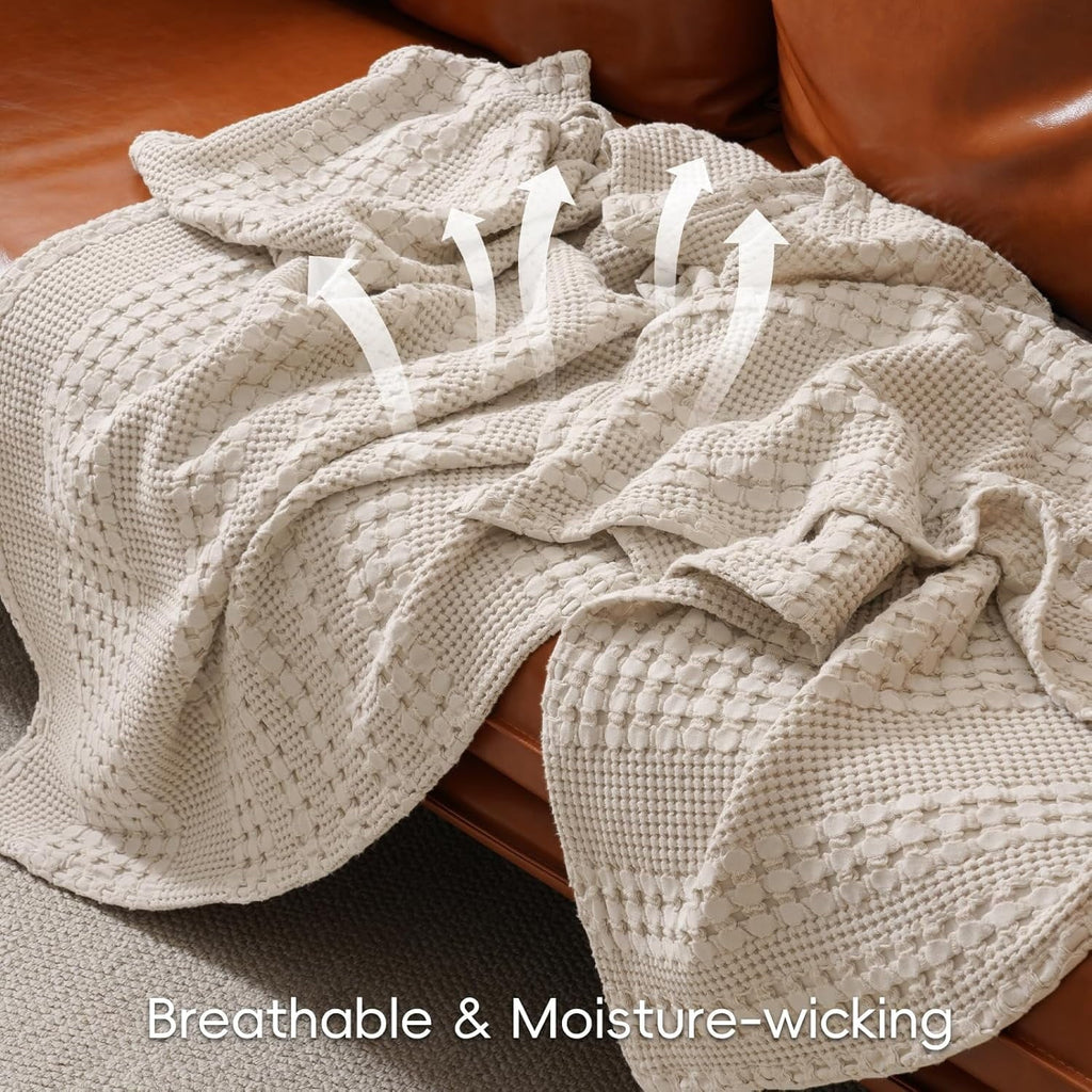 Lightweight Warm 100% Cotton Waffle Weave Blanket, Lightweight Throw Washed Blanket for Bed Sofa Home Decor, Oatmeal, 50"x60" - Luxury Knitted Decorative Throw Blanket with Fringes Detail
