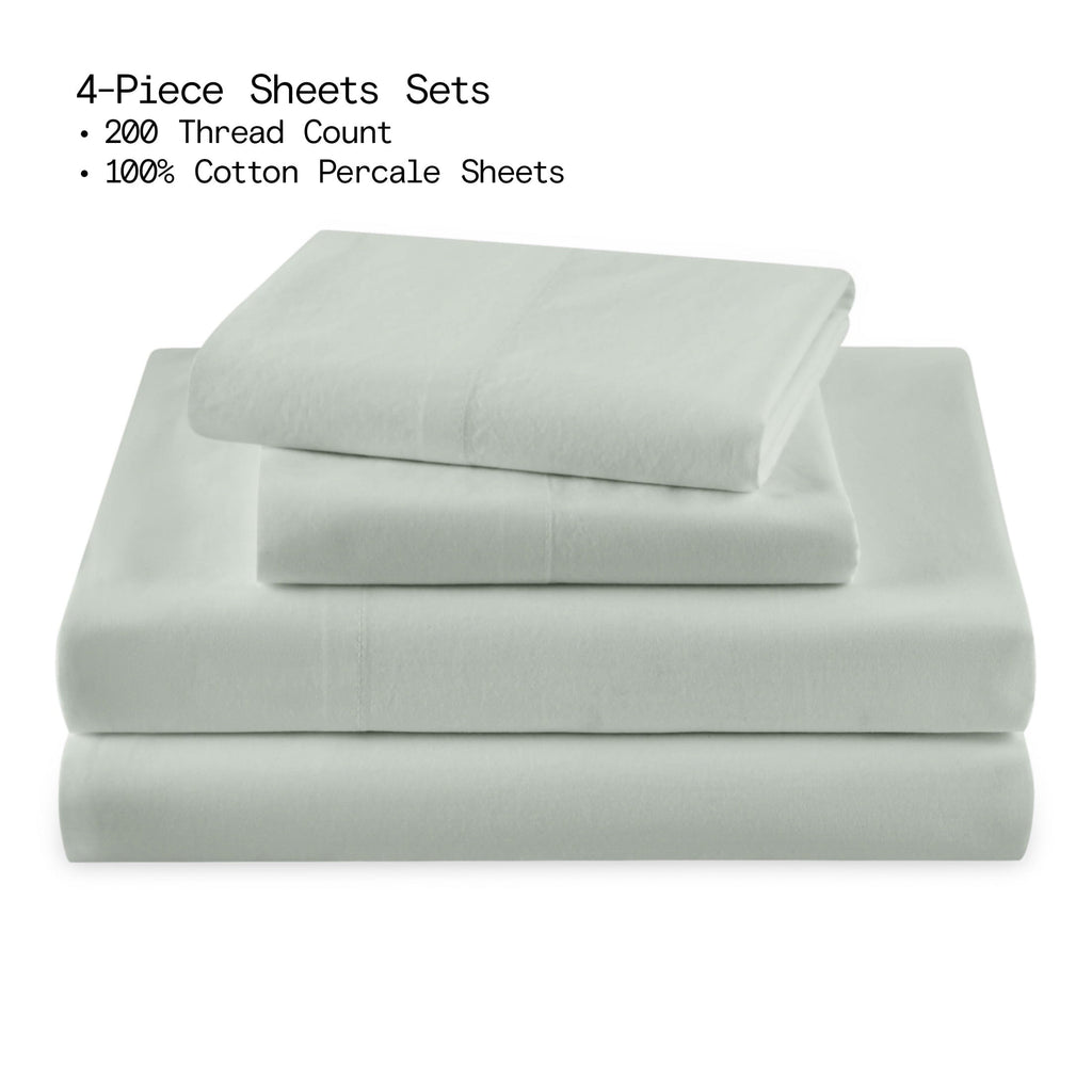Cooling Sateen Solid 4-Piece 100% Cotton Washed Percale Sage Green Sheet Set, Full - Breathable Egyptian Cotton Flat & Fitted Sheets Detail