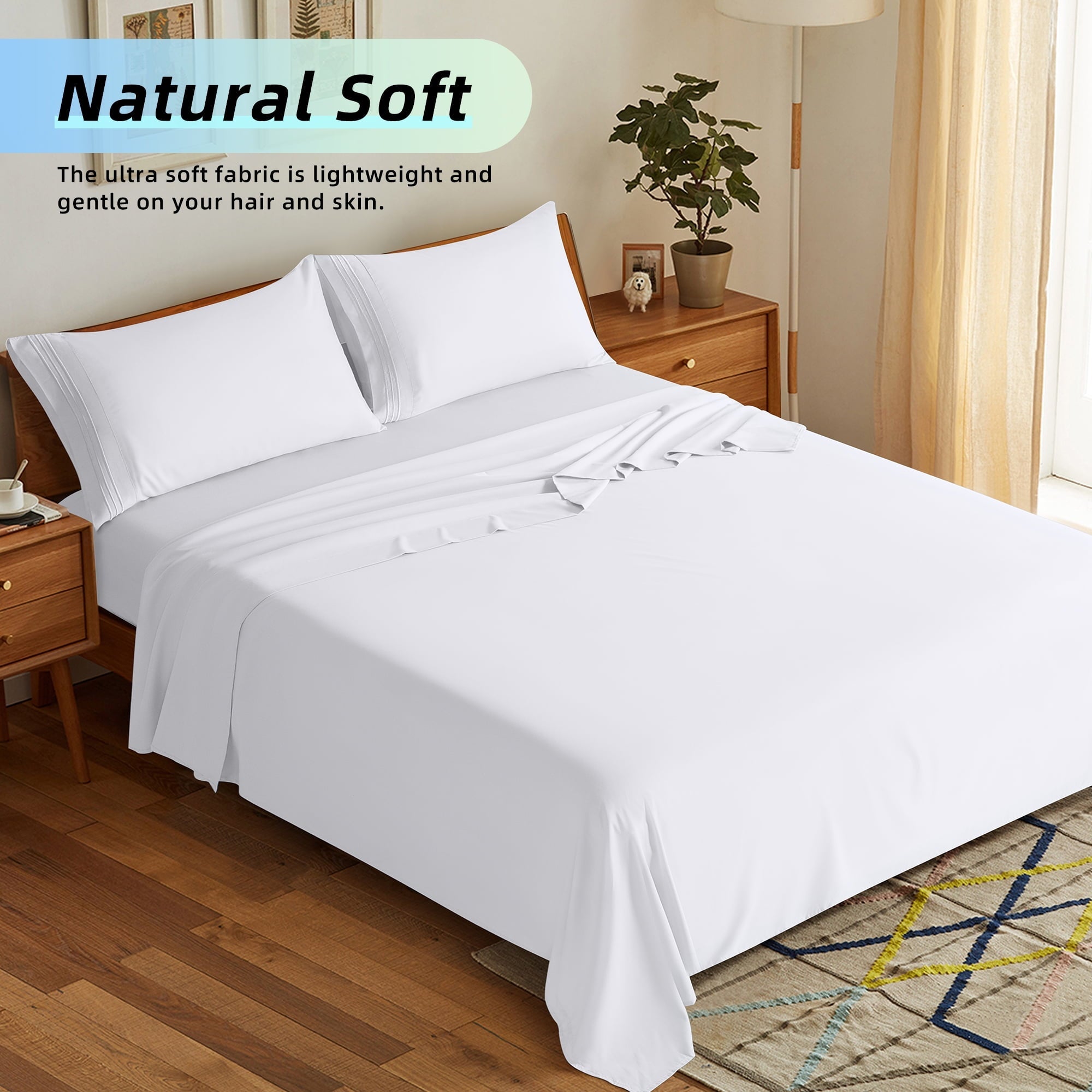 Ultra-Soft Bed Sheets Set, Microfiber Deep Pocket 4 Pieces Luxury Soft Sheet Set, Queen, White - Luxury Bed Sheet Set with Deep Pockets Detail