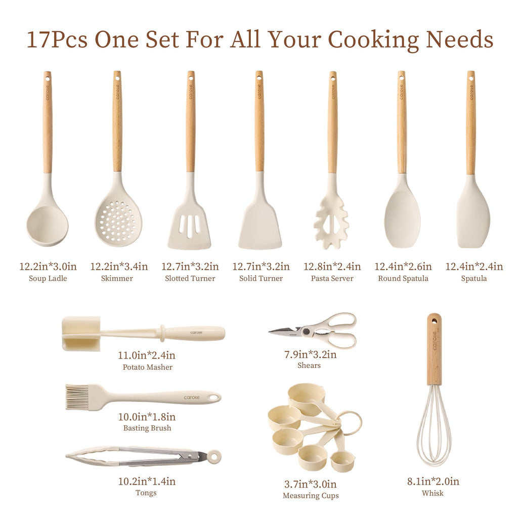 Chef-Quality 17-Piece Silicone and Wood Cooking Utensil Set, Heat-Resistant, Safe for Nonstick Cookware - Multi-Purpose Hand Tool for Daily Meal Prep Detail