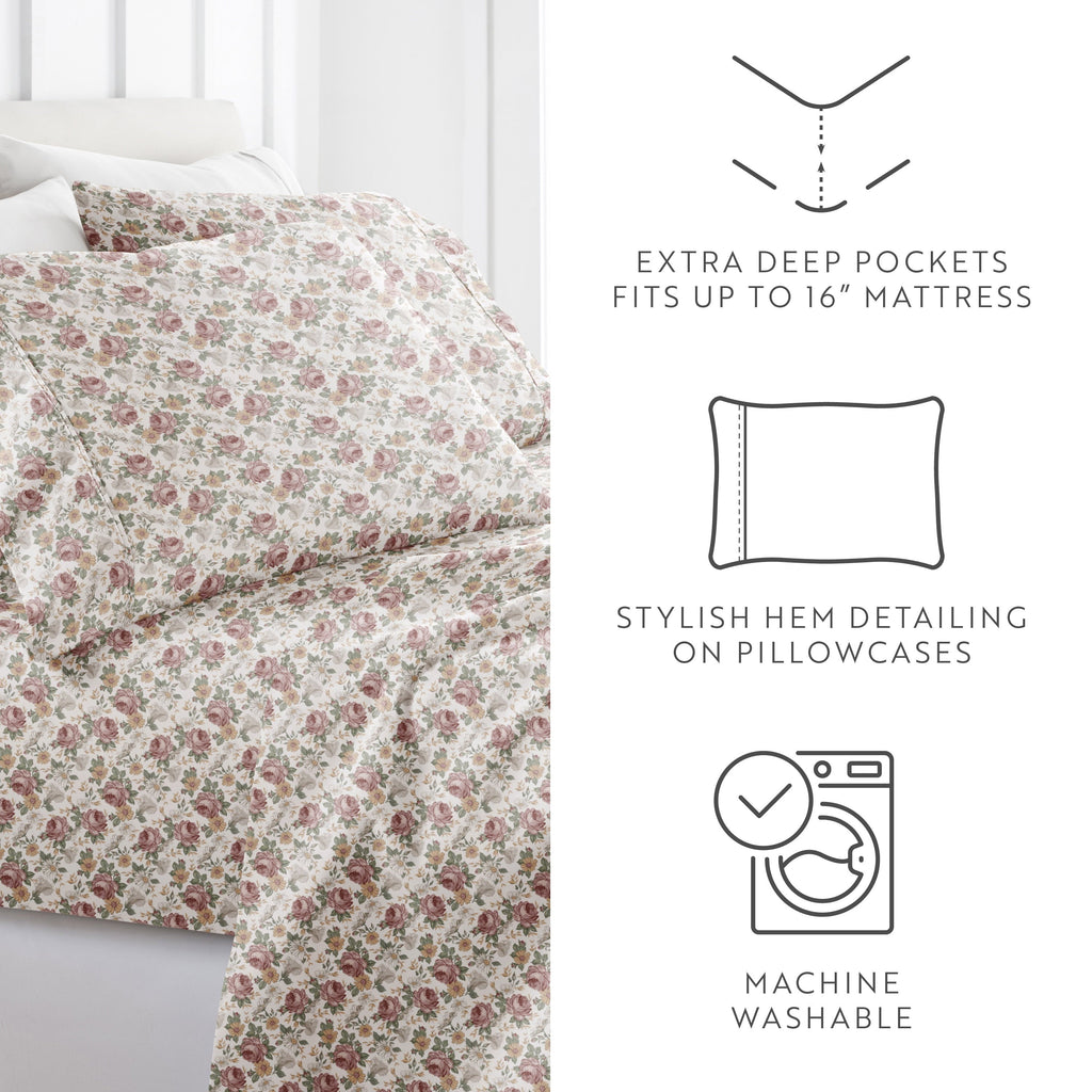 Cooling Sateen 4 Piece Pattern Microfiber Bed Sheets Set, Blooming Floral Rose, Queen - Premium Ultra-Soft Pillowcase Pair for Sleeping Detail