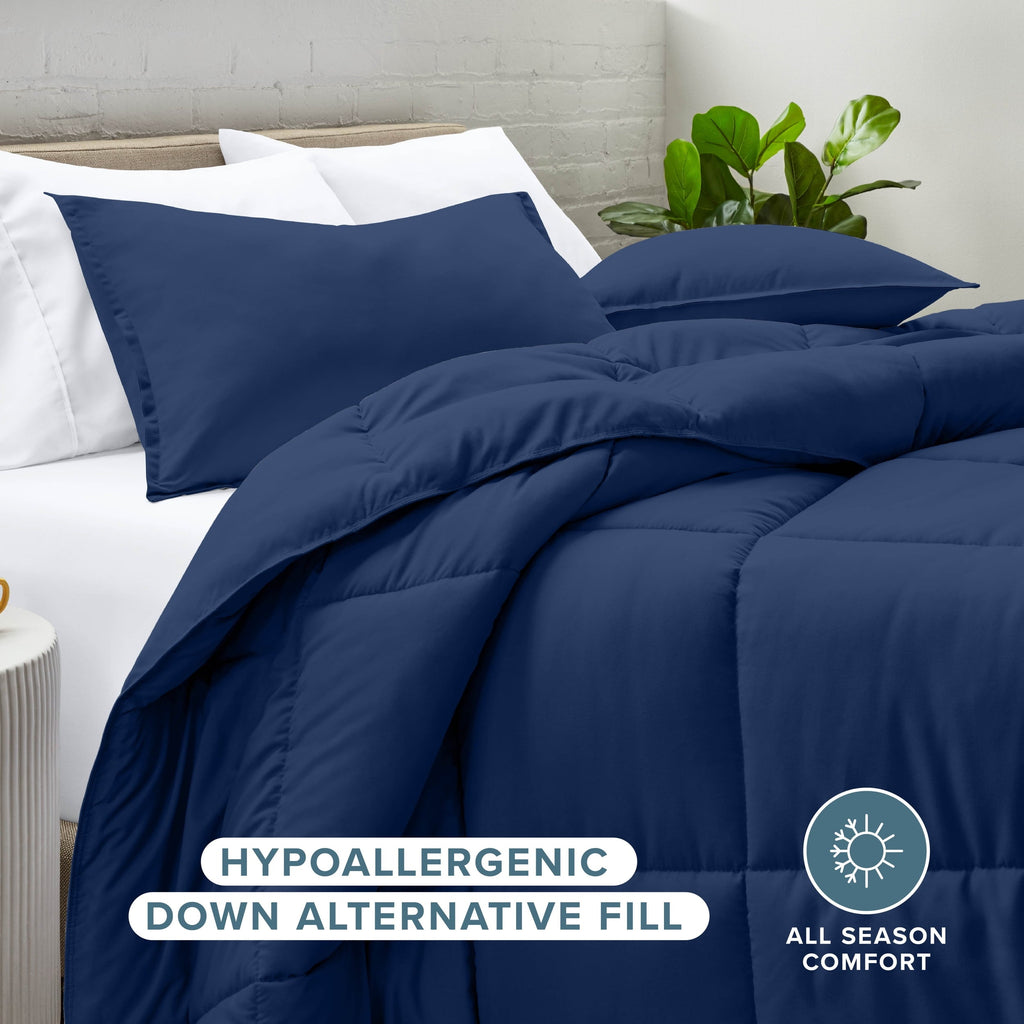 Hypoallergenic Cloud Down Alternative Comforter Set - 3-Pieces - All Seasons - Queen, Dark Blue - Luxurious Quilted Duvet Cover Set Detail