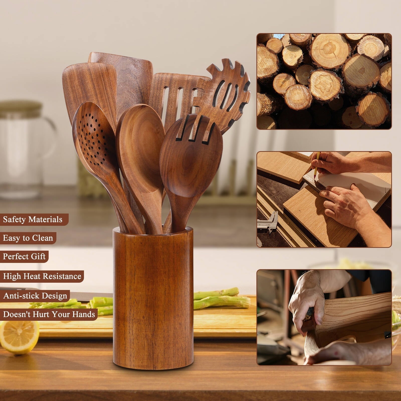 Premium Silicone Wooden Spoons for Cooking, 8 Pcs Natural Wooden Utensil for Cooking with Non-Stick, Heat Resistant, Wood... - Premium Stainless Steel Cooking Utensil for Non-Stick Pots Detail