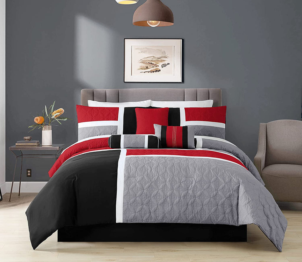 All-Season 7-Piece Medallion Patchwork Comforter Set, Full, Red/Gray/Black - All-Season Down Alternative Comforter Insert Detail
