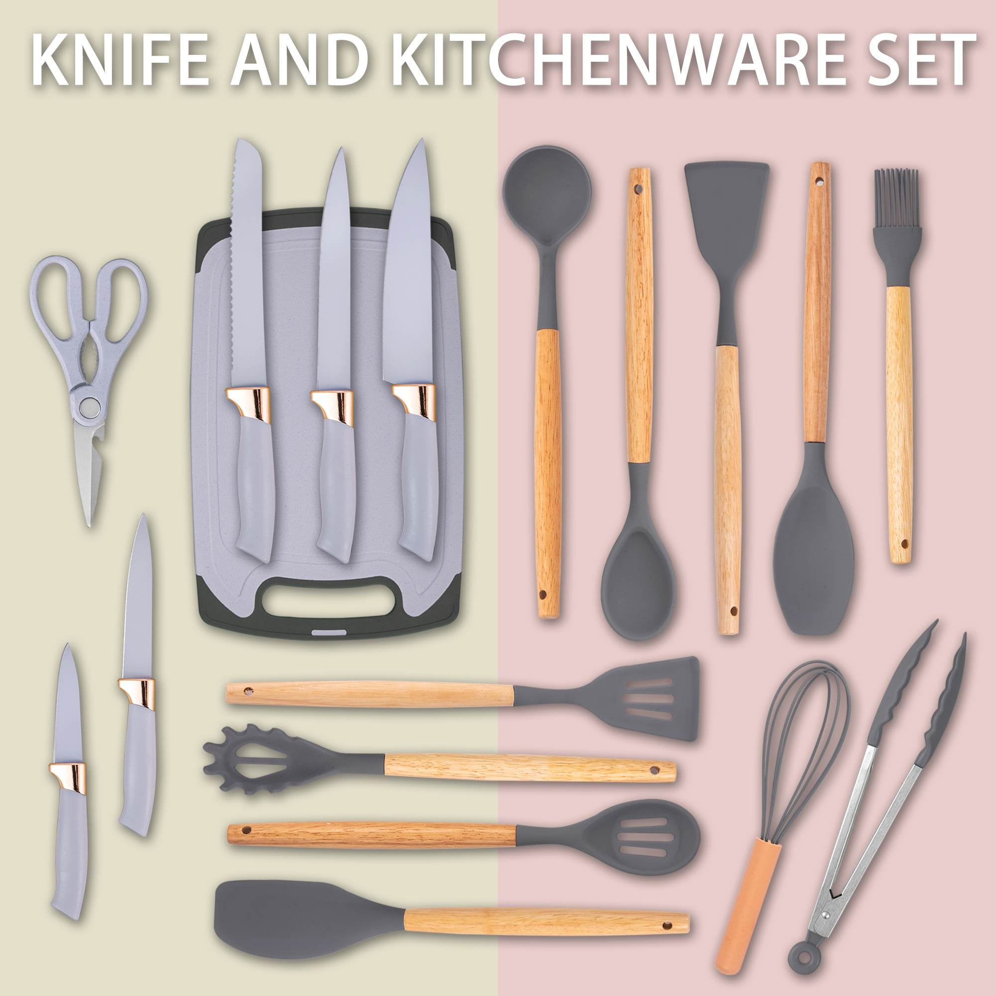 Ergonomic Cooking 19-Piece Silicone Kitchen Utensil & Knife Set - Heat-Resistant Cooking Tools Non-Stick Safe Gift for Mom or Wo... - Ergonomic Kitchen Tongs and Cooking Spoon Utensil Detail