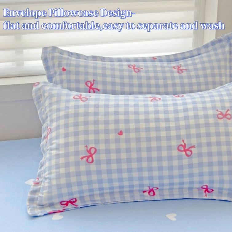 Heavyweight Warmth 3-Piece Blue Plaid Pink Bows Comforter Full Set , Cute Soft Bedding Set for Kids Adults - Cloud-Like Soft Lightweight Bed Comforter Detail